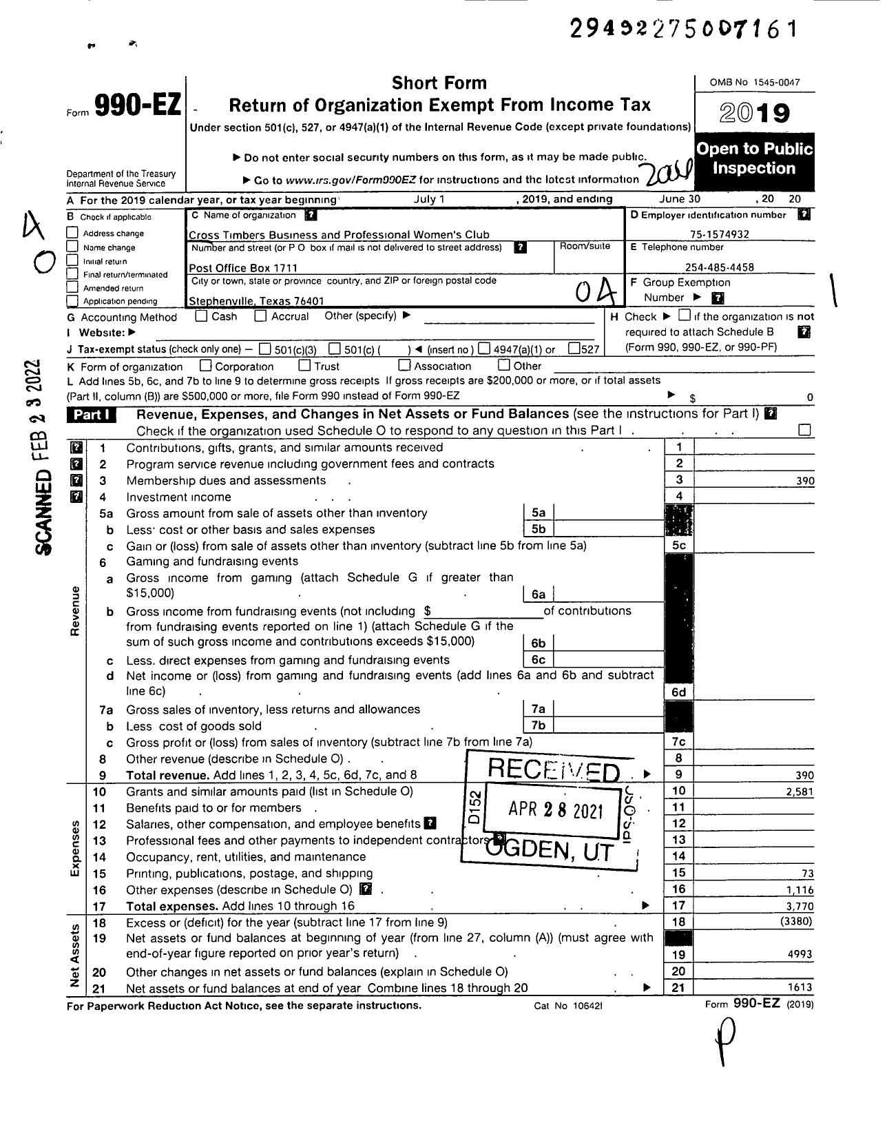 Image of first page of 2019 Form 990EO for Cross Timbers Business and Professional Womens Club