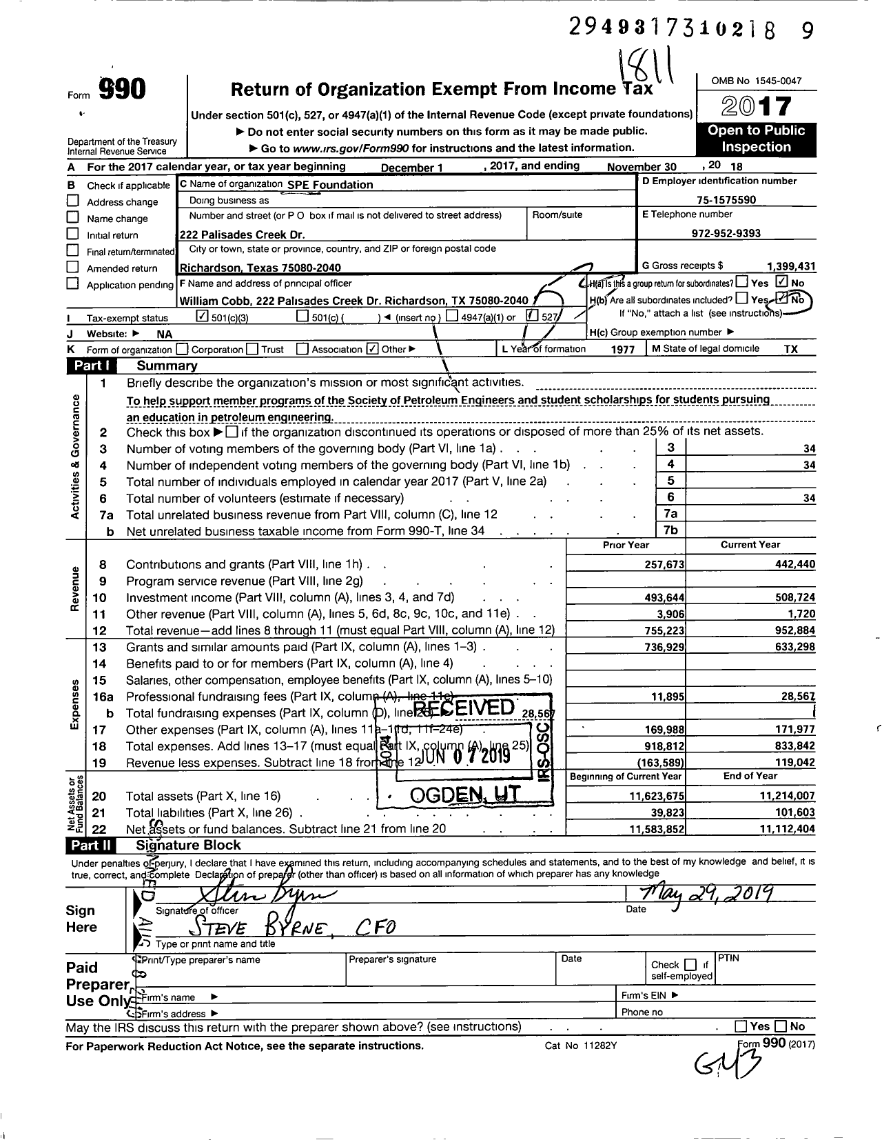 Image of first page of 2017 Form 990 for Spe Foundation