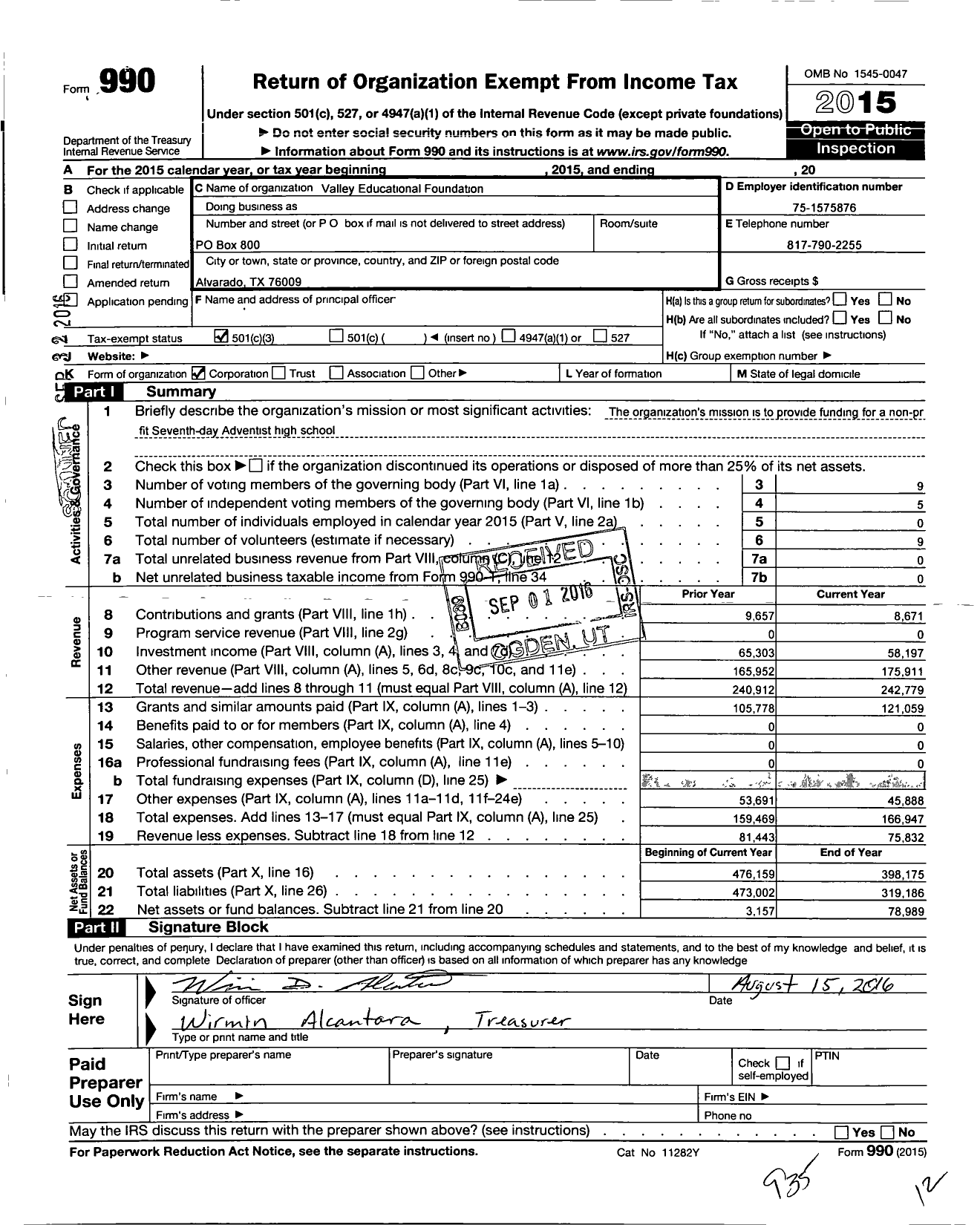 Image of first page of 2015 Form 990 for Valley Educational Foundation