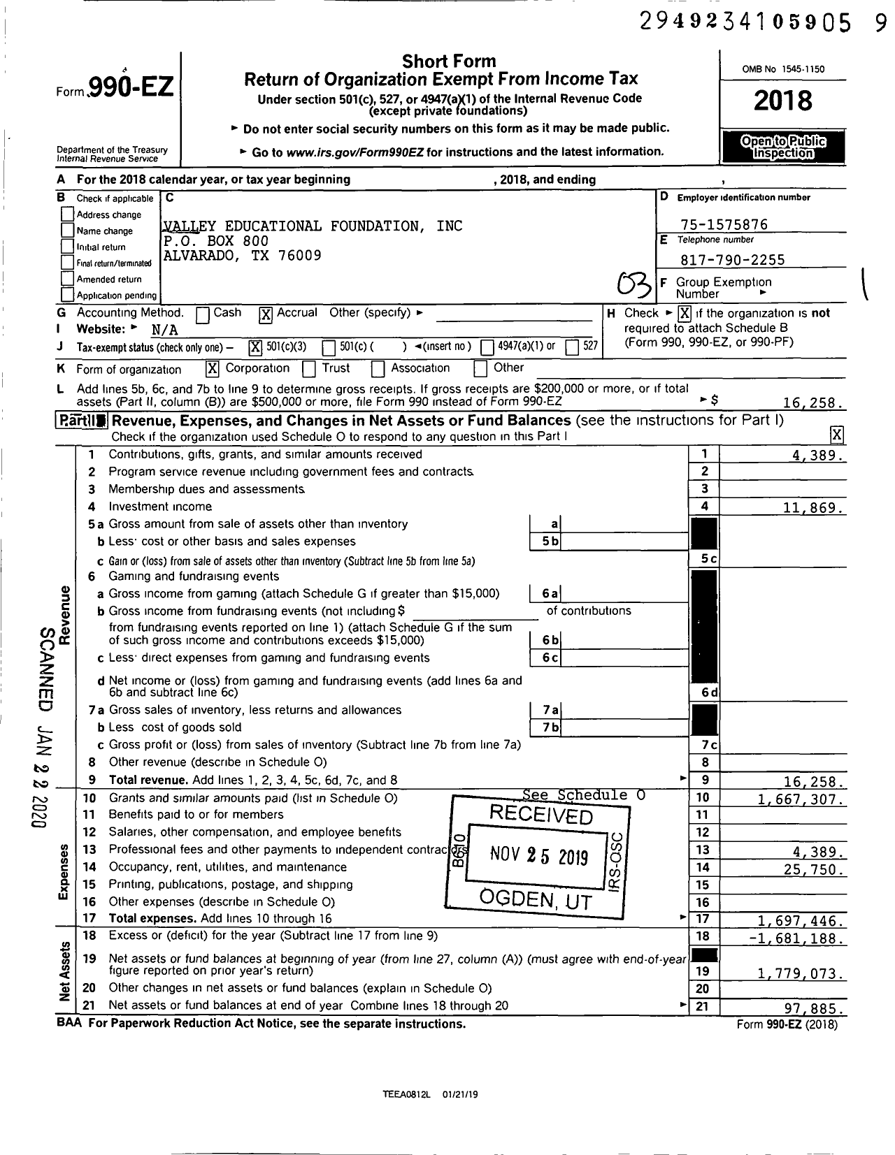 Image of first page of 2018 Form 990EZ for Valley Educational Foundation