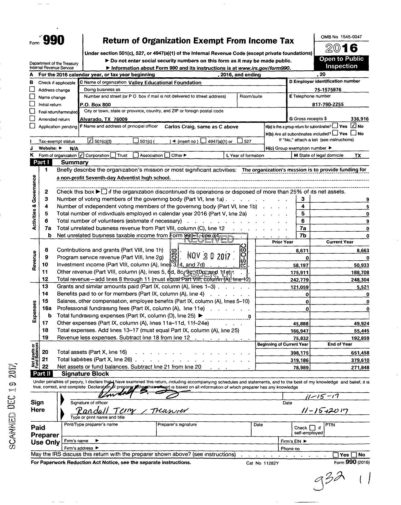 Image of first page of 2016 Form 990 for Valley Educational Foundation