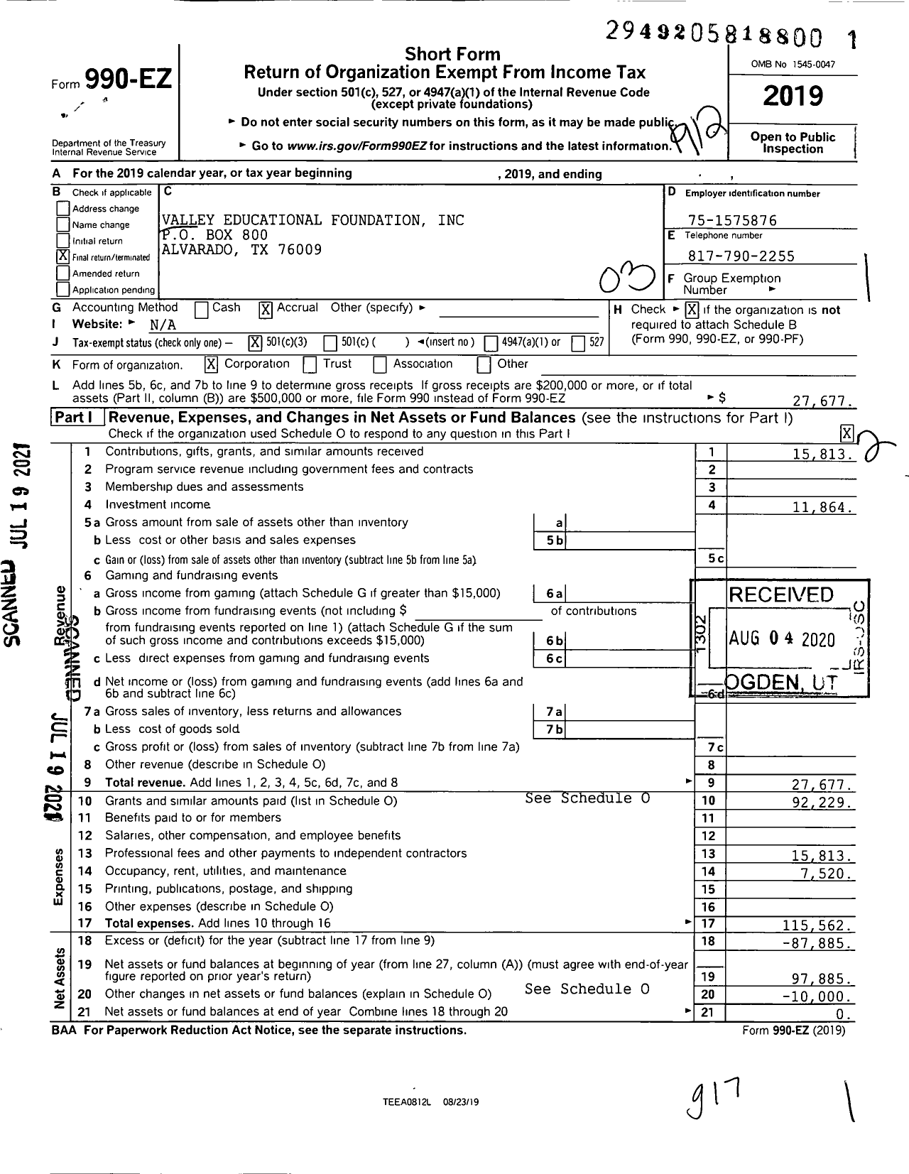 Image of first page of 2019 Form 990EZ for Valley Educational Foundation