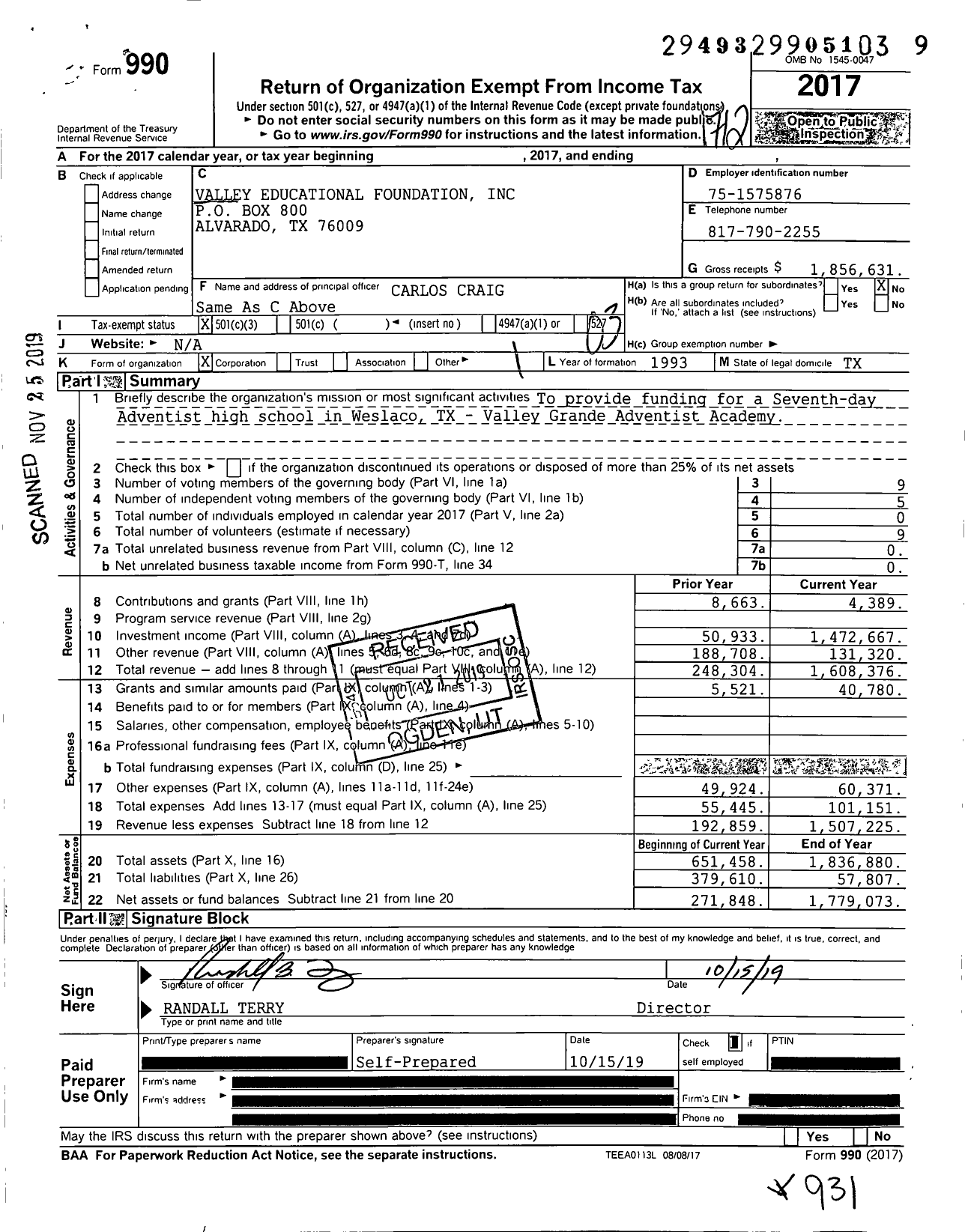 Image of first page of 2017 Form 990 for Valley Educational Foundation