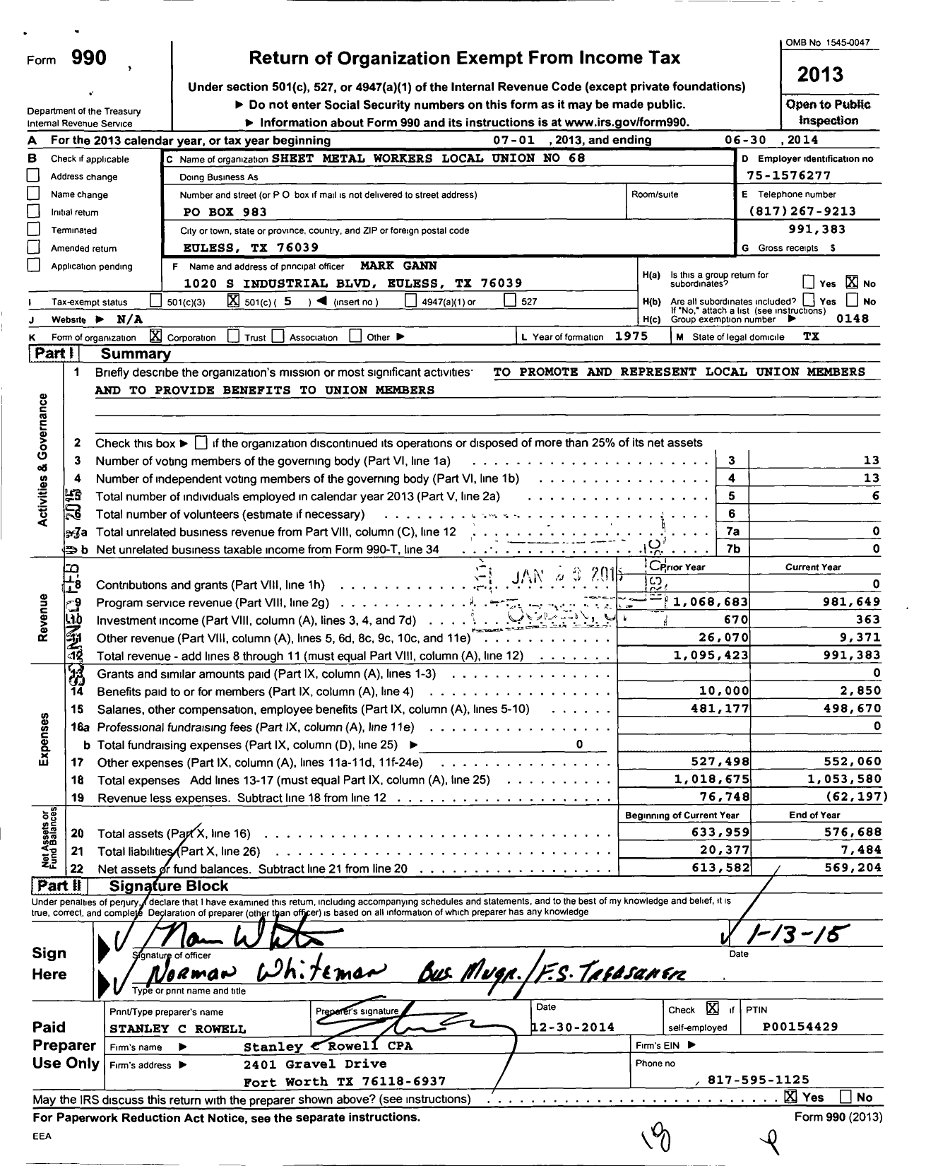 Image of first page of 2013 Form 990O for Smart Union - 68 SM