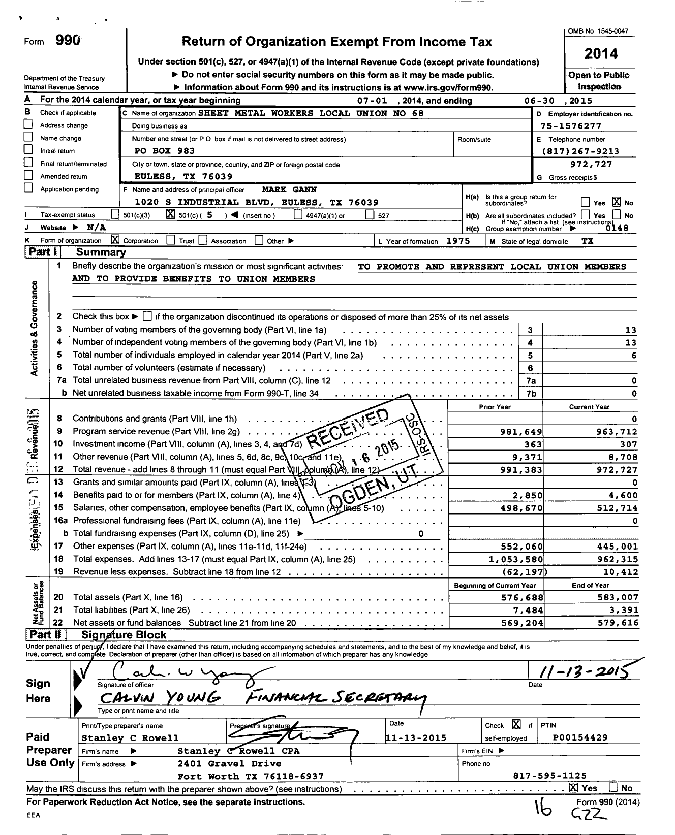 Image of first page of 2014 Form 990O for Smart Union - 68 SM