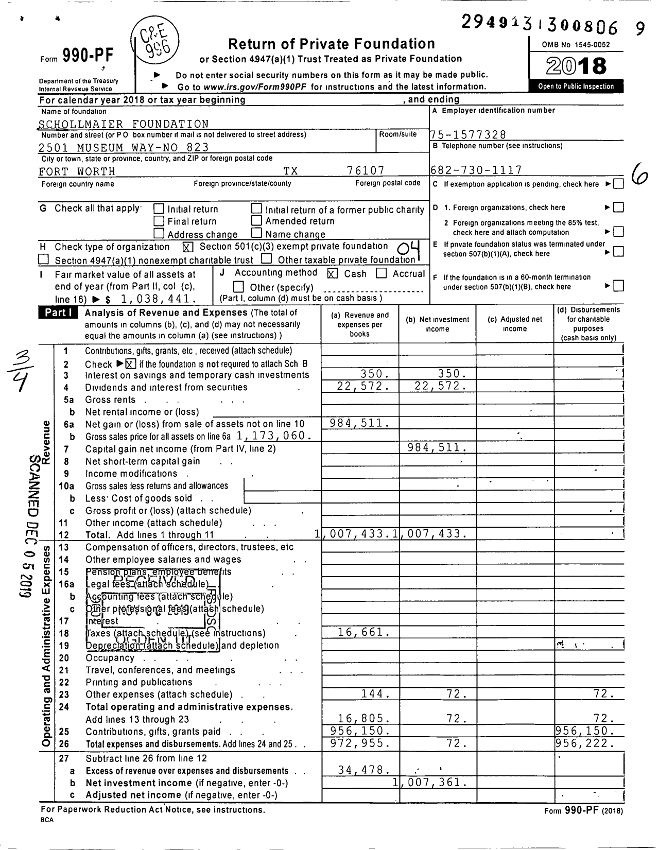 Image of first page of 2018 Form 990PF for Schollmaier Foundation