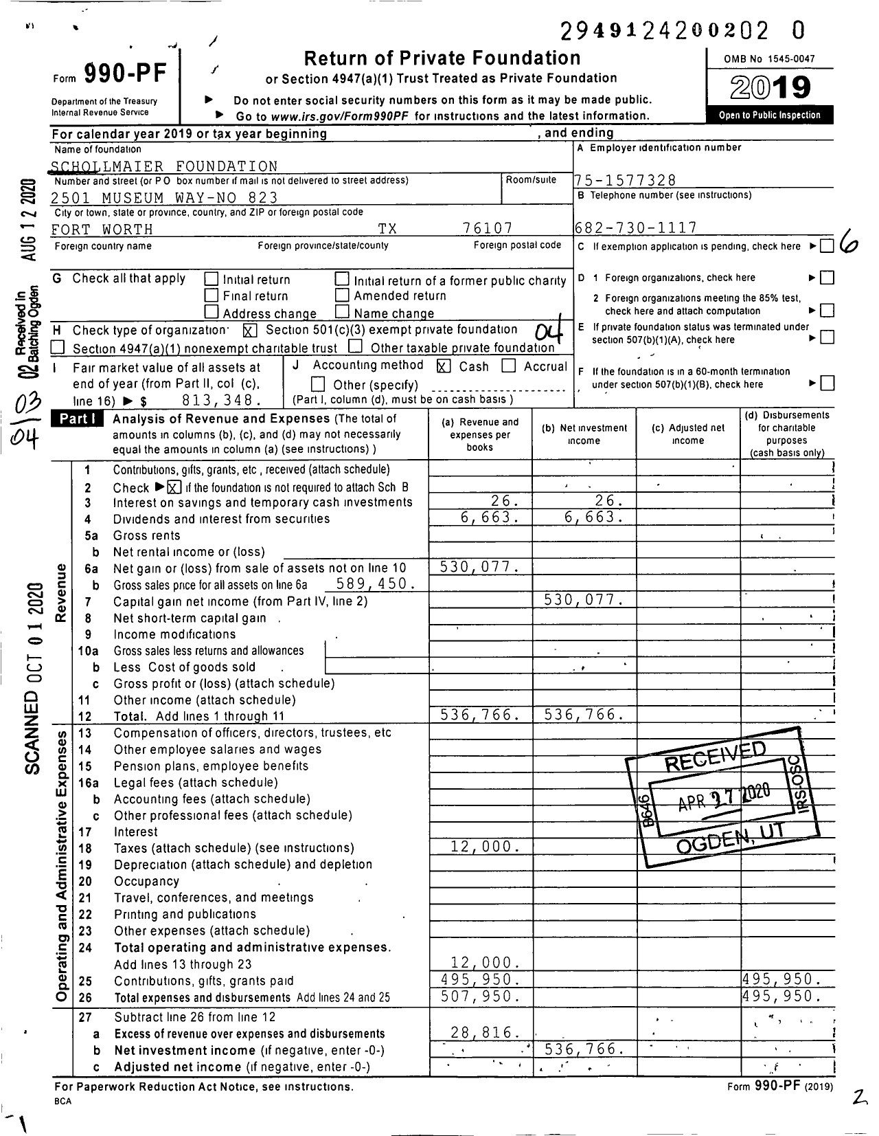 Image of first page of 2019 Form 990PR for Schollmaier Foundation