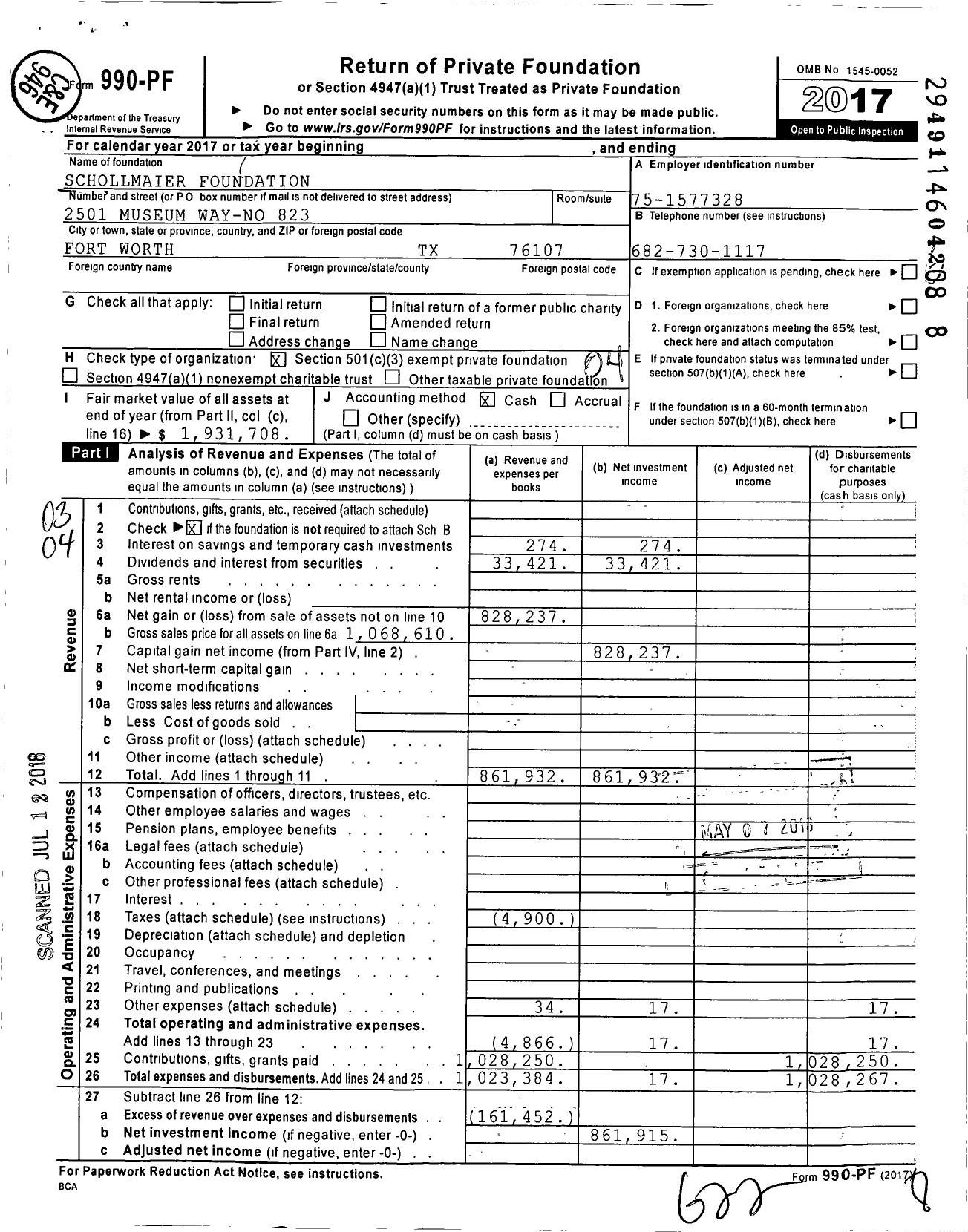 Image of first page of 2017 Form 990PF for Schollmaier Foundation