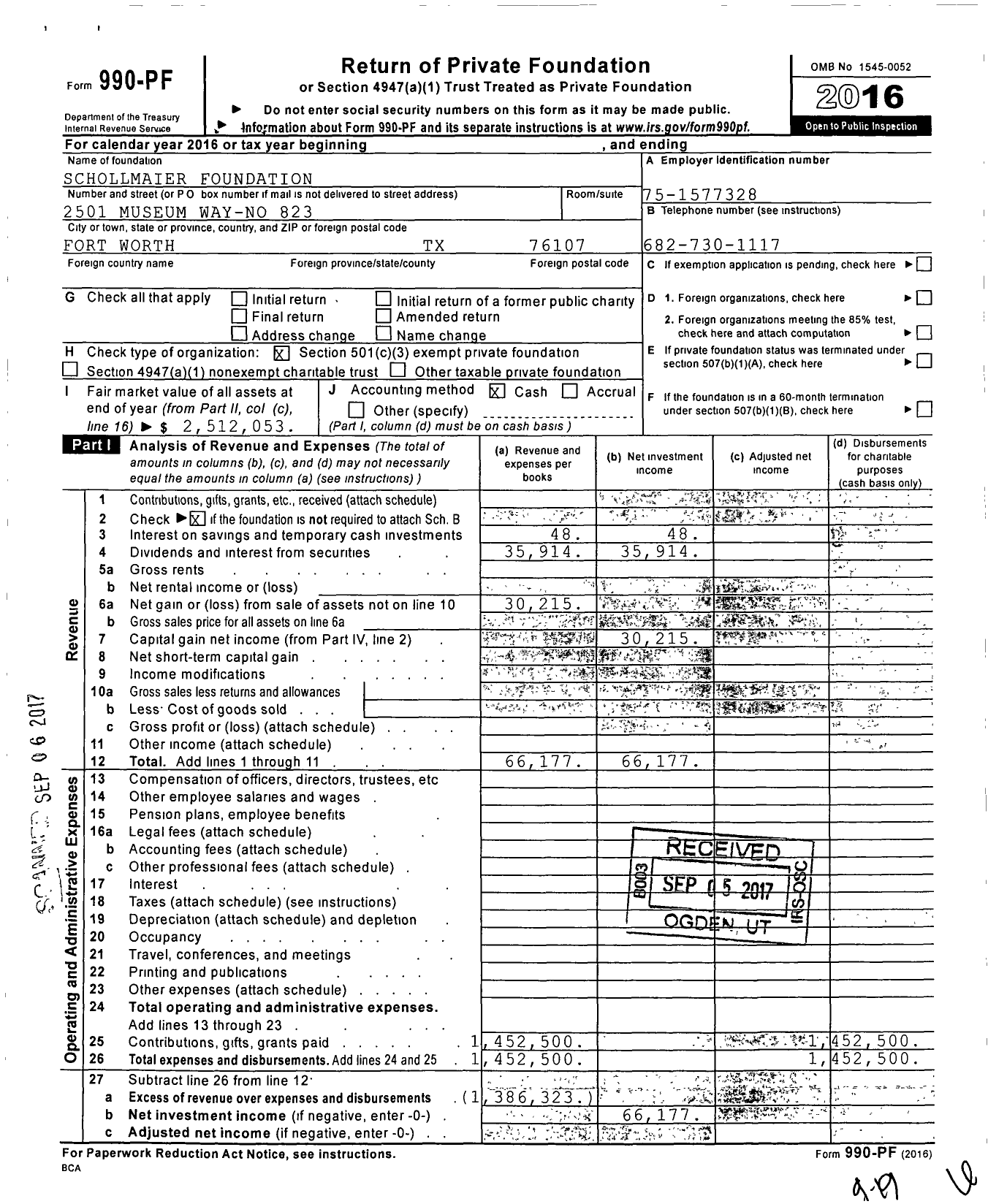 Image of first page of 2016 Form 990PF for Schollmaier Foundation