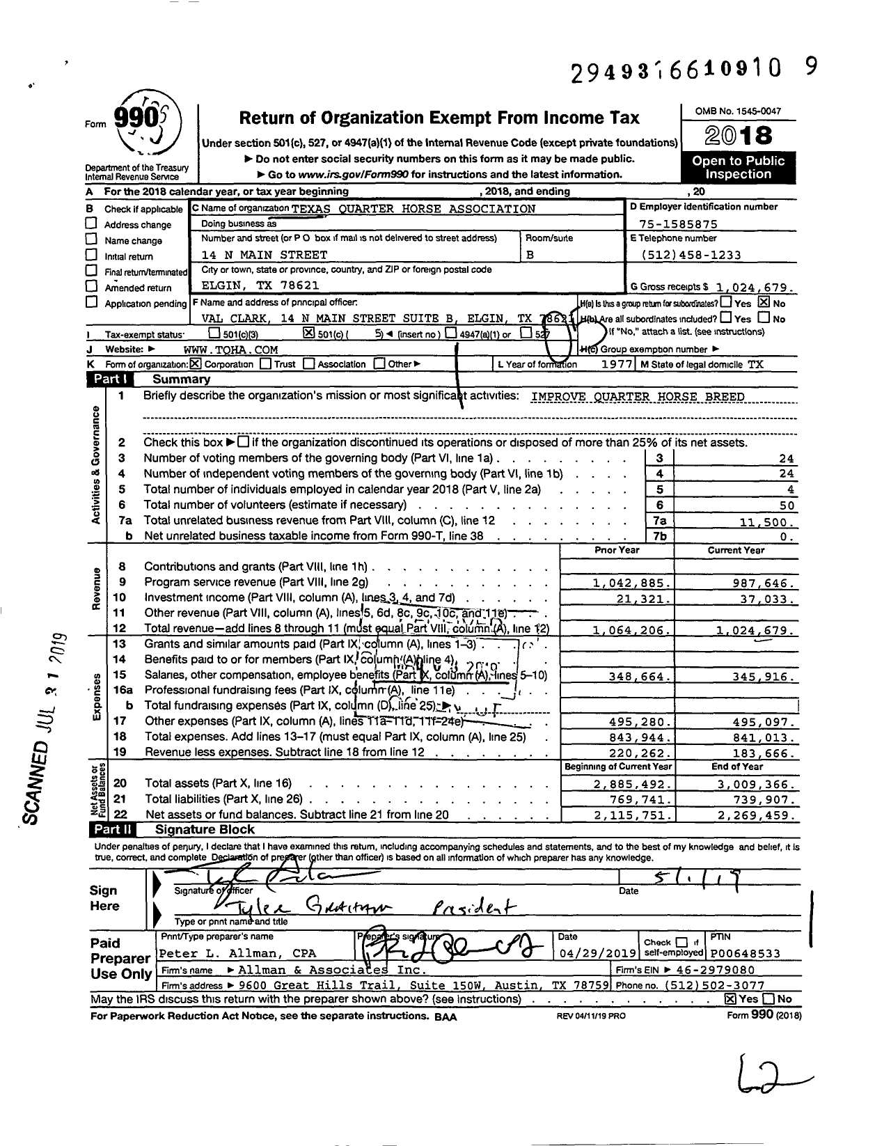 Image of first page of 2018 Form 990O for Texas Quarter Horse Association