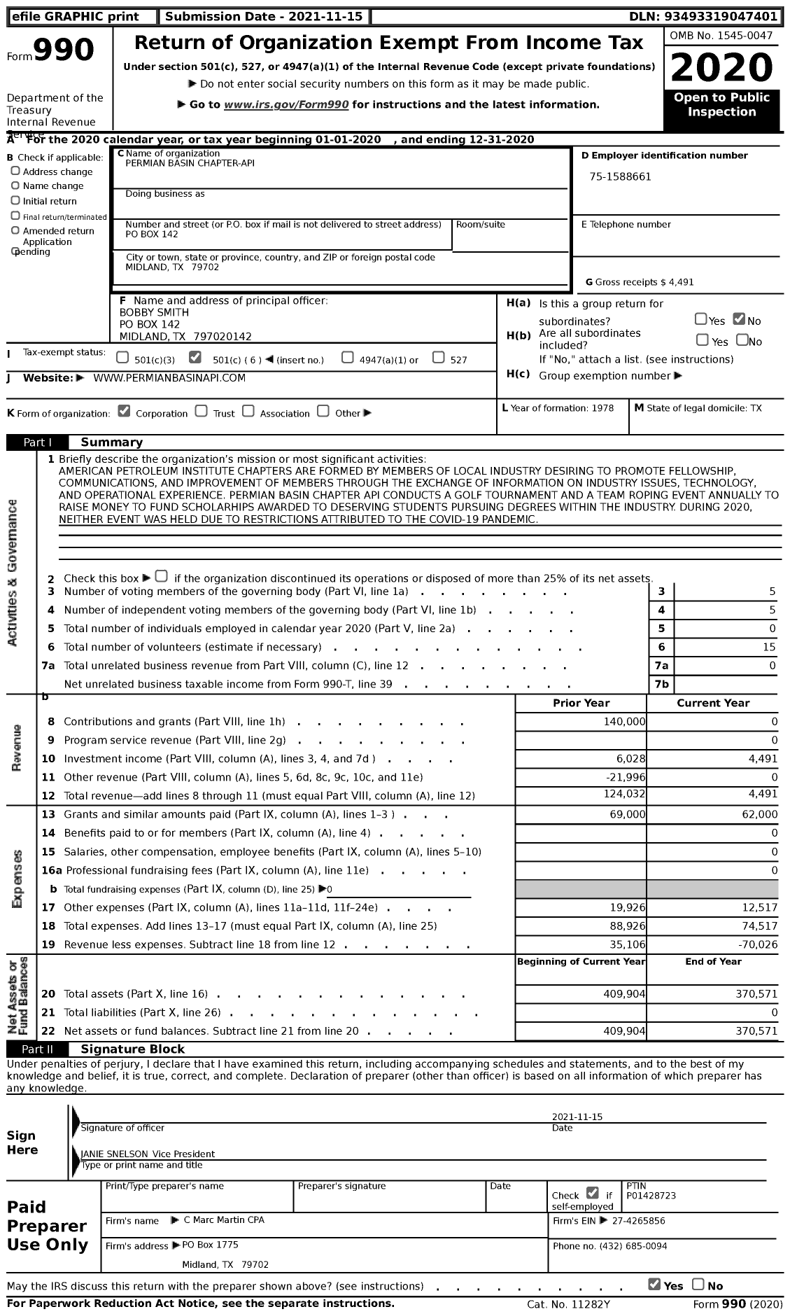 Image of first page of 2020 Form 990 for Permian Basin Chapter-Api