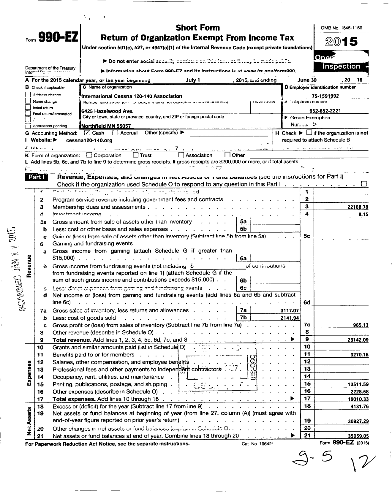 Image of first page of 2015 Form 990EO for Cessna 120-140 Association