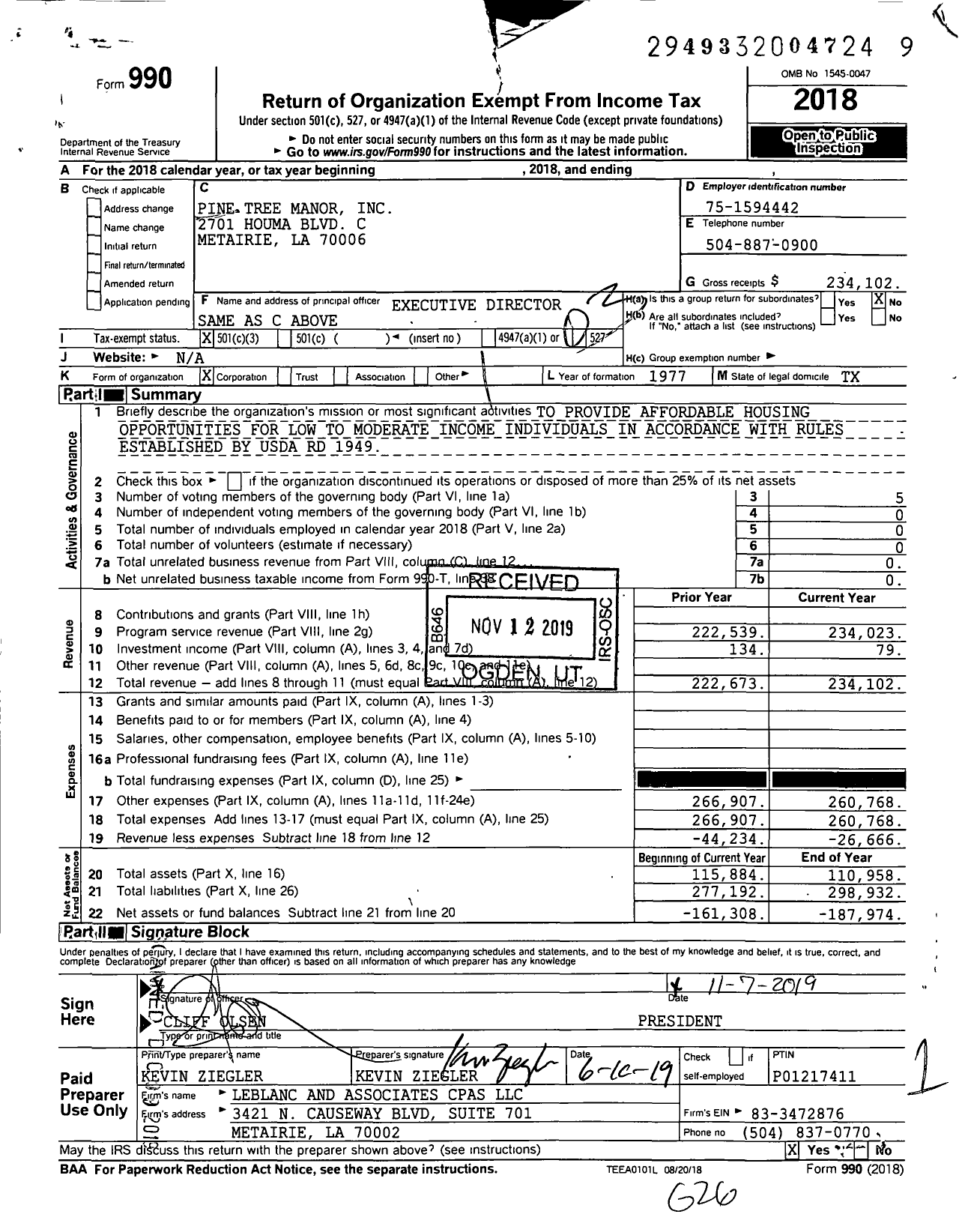 Image of first page of 2018 Form 990 for Pine Tree Manor