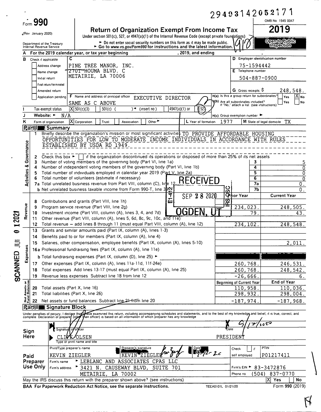 Image of first page of 2019 Form 990 for Pine Tree Manor