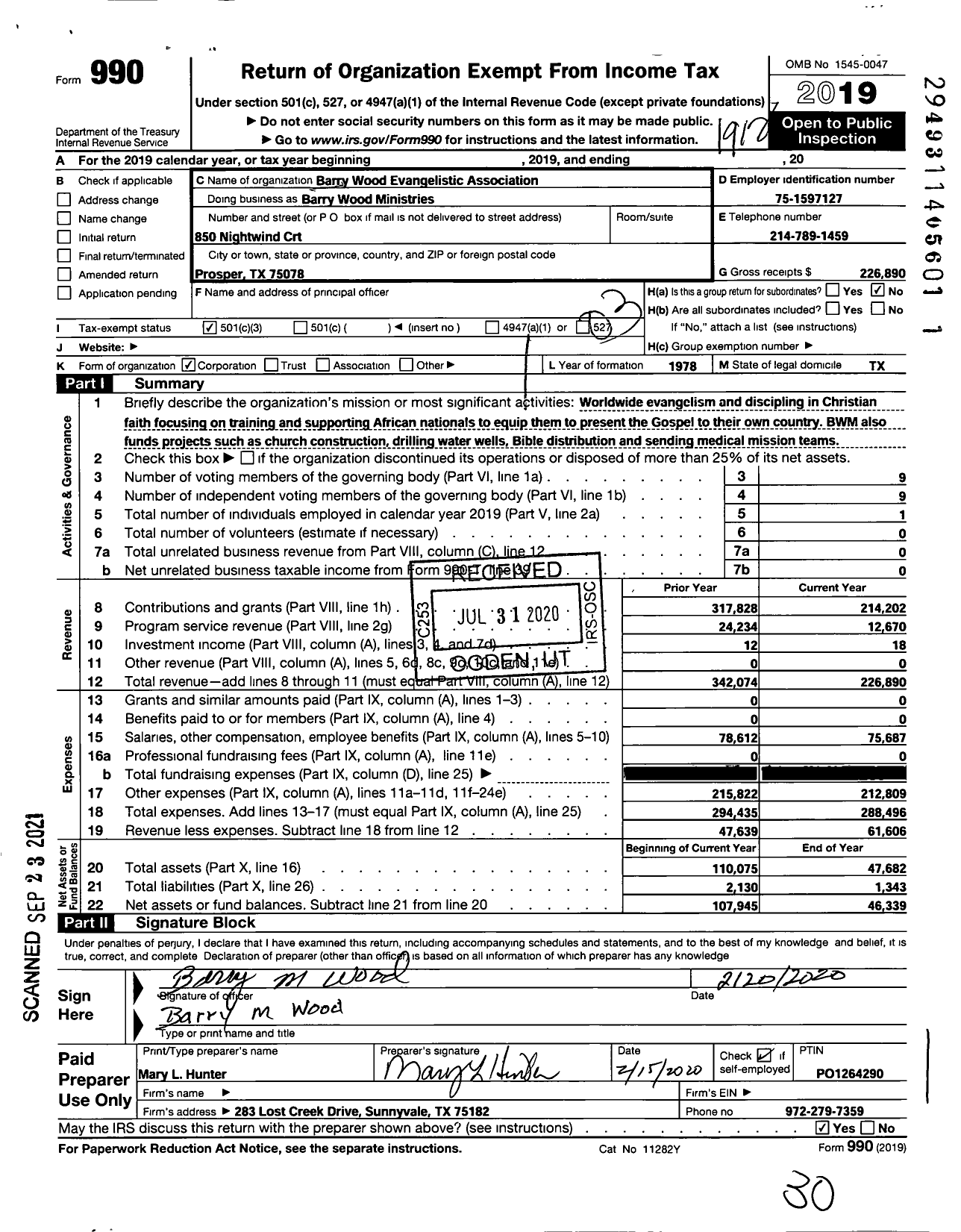 Image of first page of 2019 Form 990 for Barry Wood Ministries