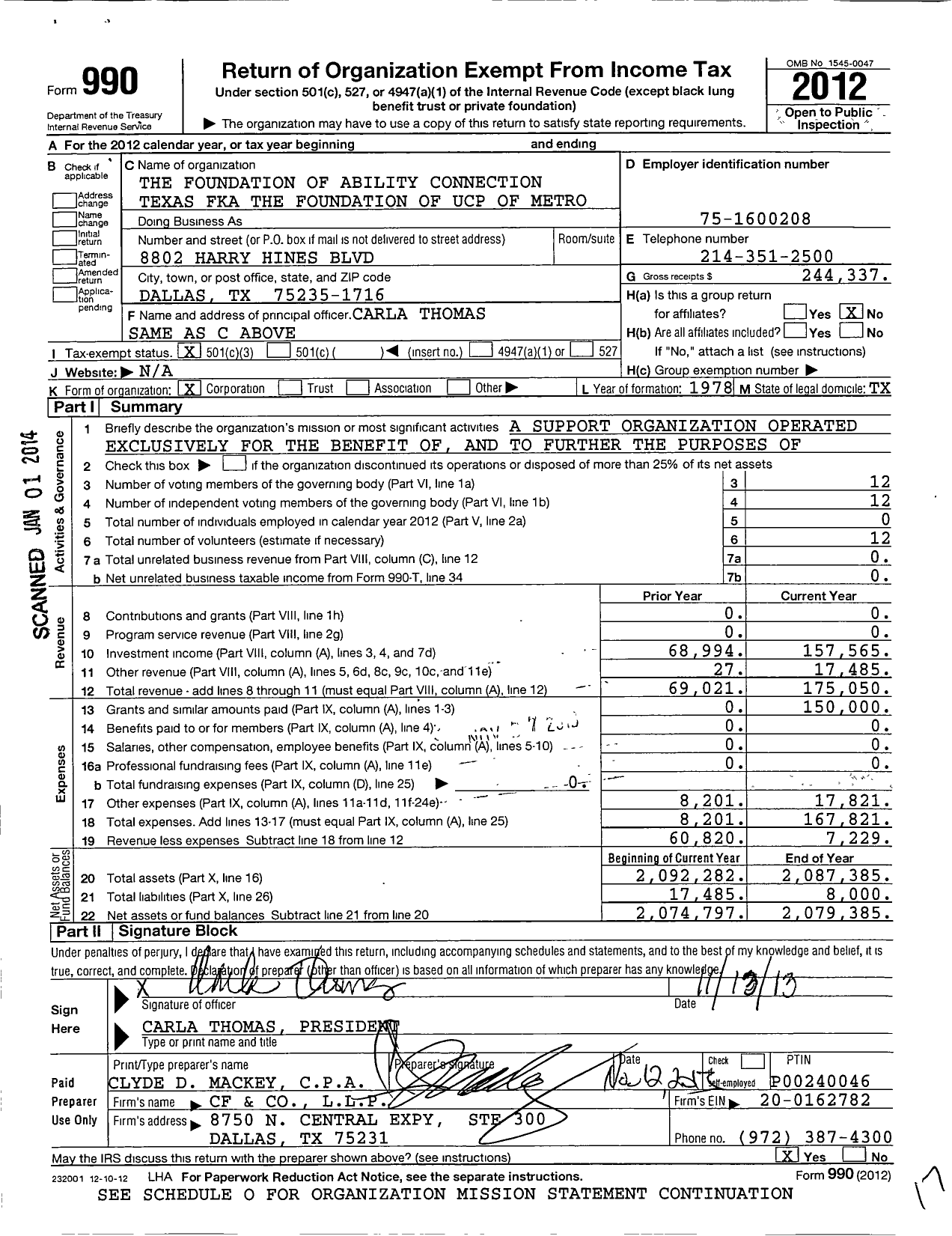 Image of first page of 2012 Form 990 for Foundation of Ability Connection Texas