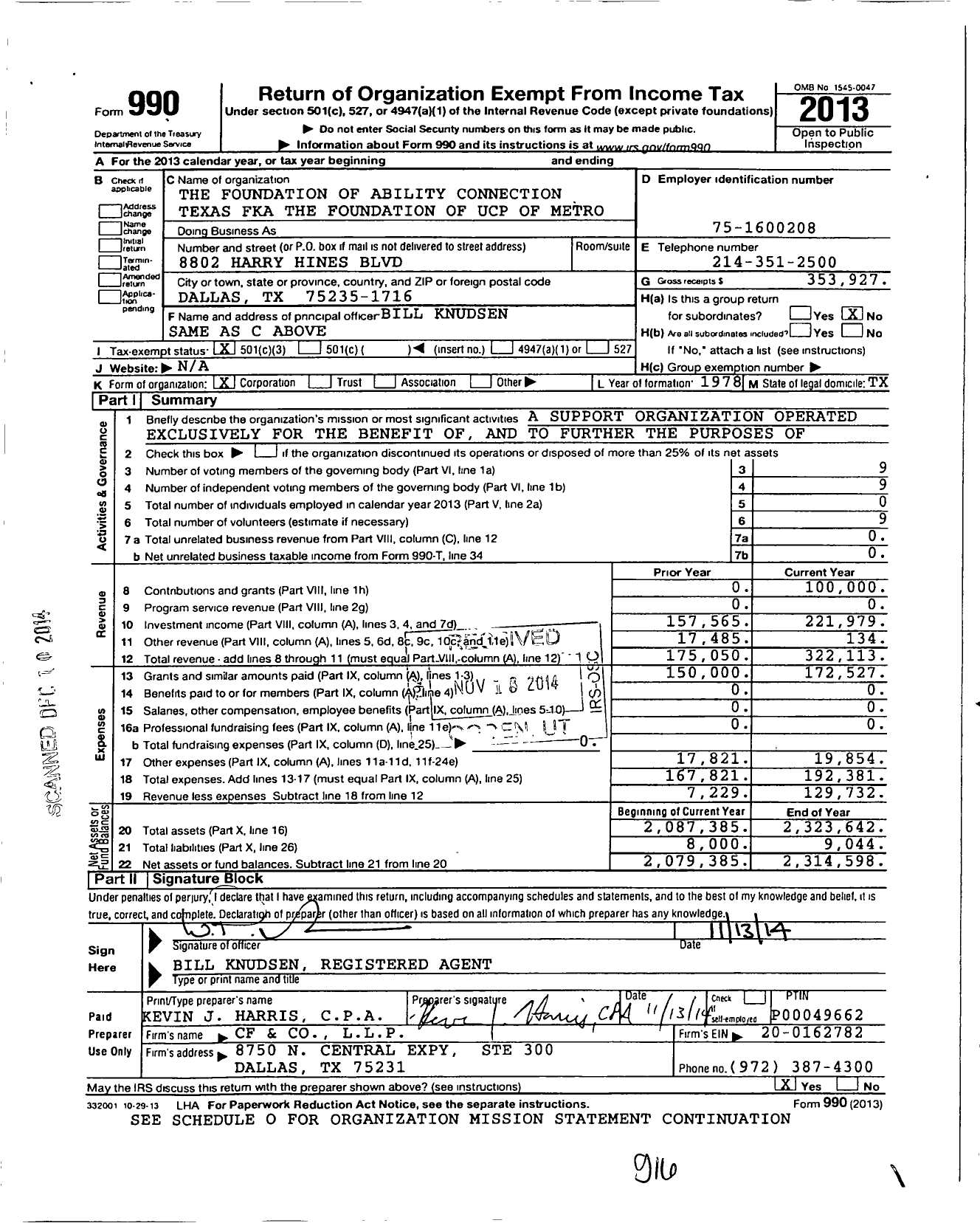 Image of first page of 2013 Form 990 for Foundation of Ability Connection Texas