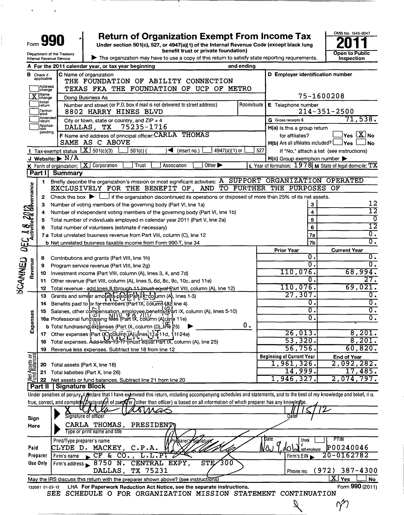 Image of first page of 2011 Form 990 for Foundation of Ability Connection Texas