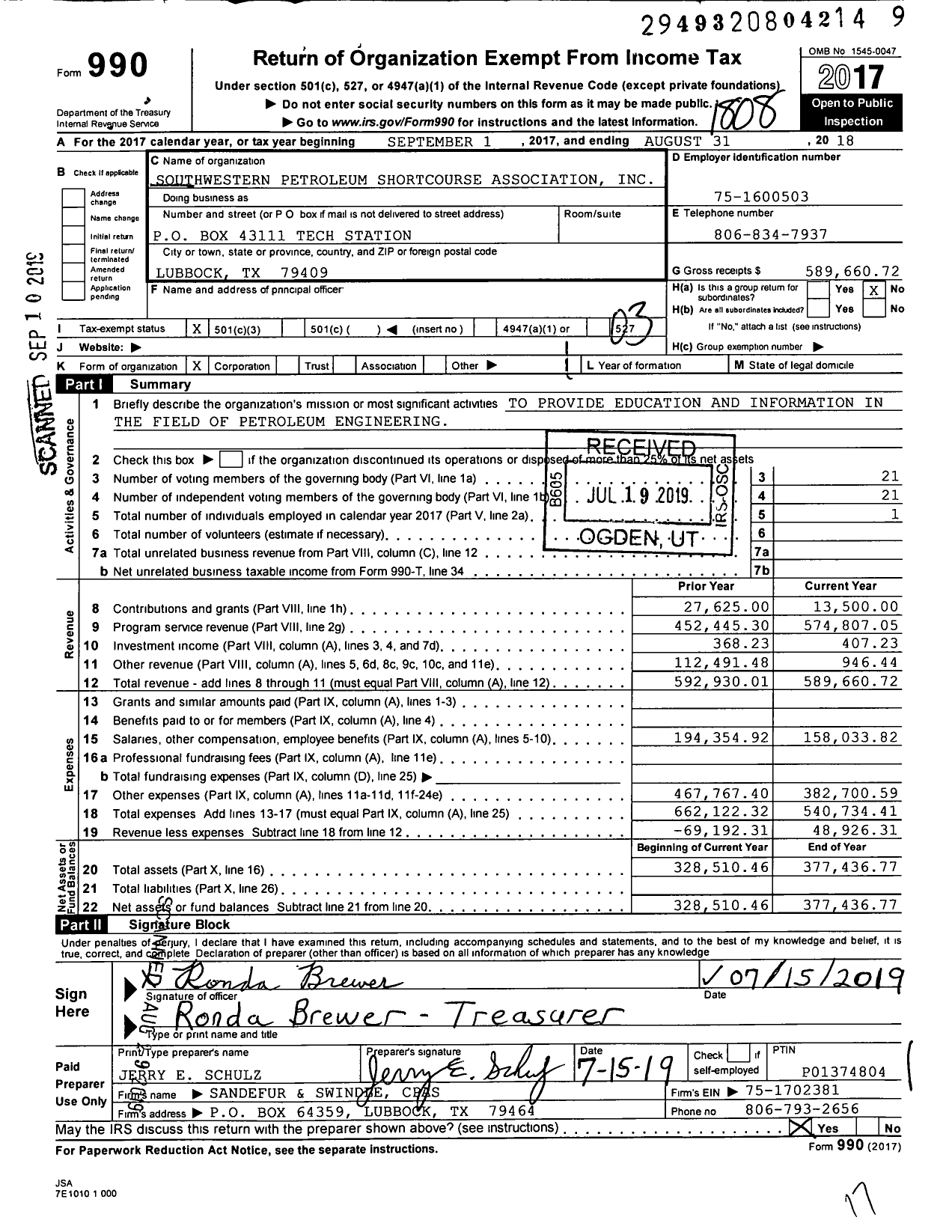 Image of first page of 2017 Form 990 for Southwestern Petroleum Shortcourse Association