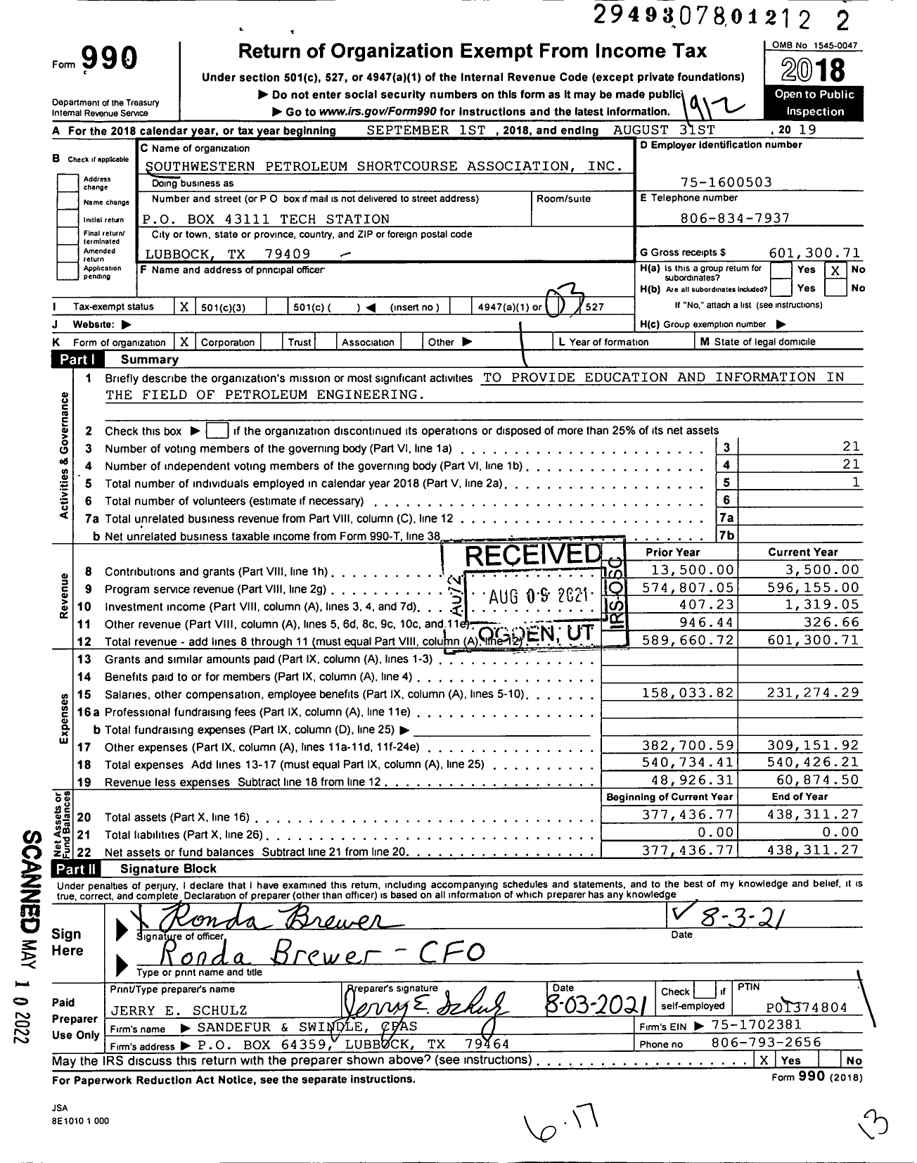 Image of first page of 2019 Form 990 for Southwestern Petroleum Shortcourse Association