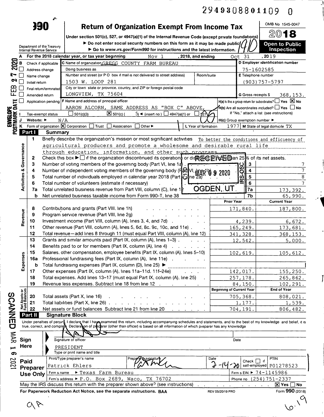 Image of first page of 2018 Form 990O for Gregg County Farm Bureau