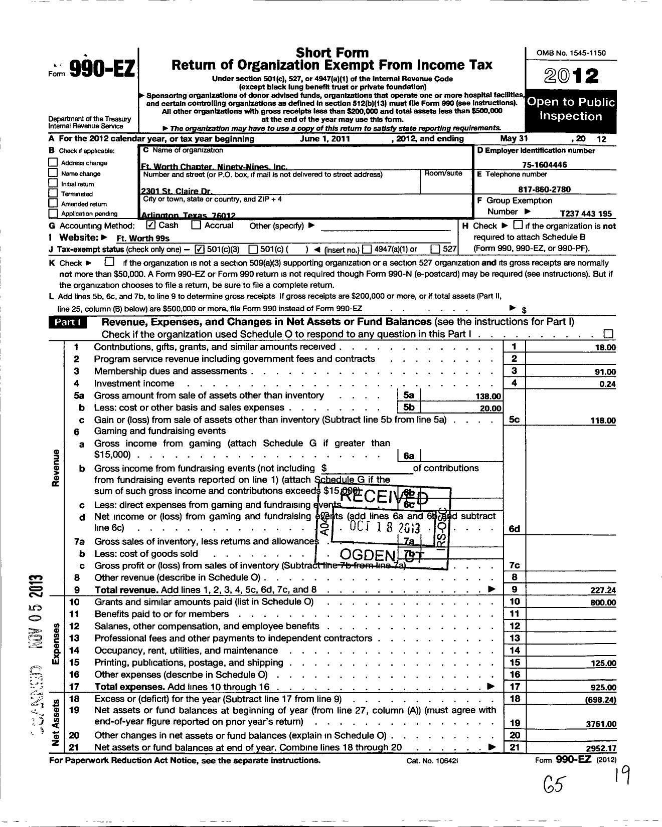 Image of first page of 2011 Form 990EZ for South Central Section of the Ninety-Nines / Fort Worth