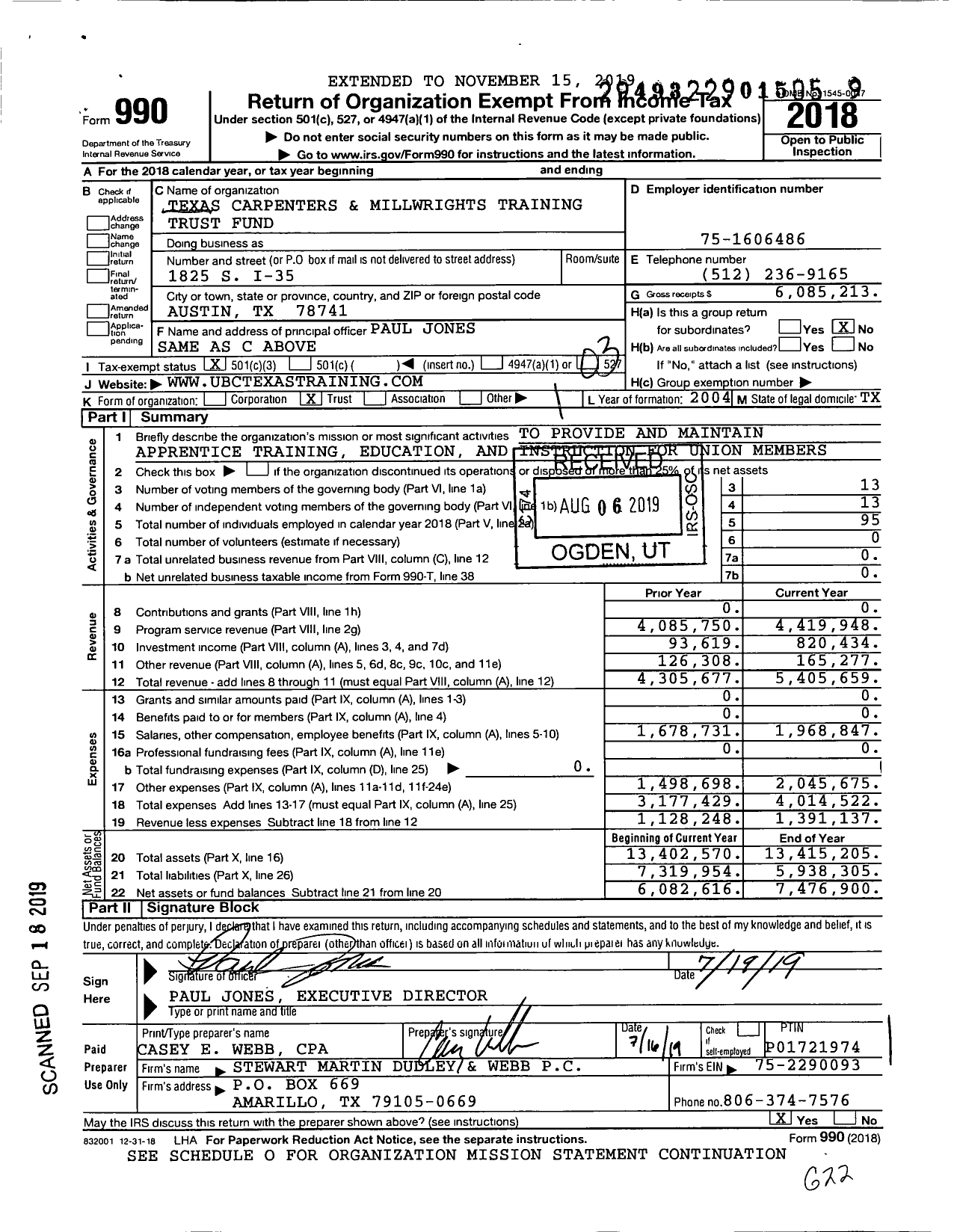 Image of first page of 2018 Form 990 for Central South Carpenters and Millwrights Training Trust Fund (TCMTTF)