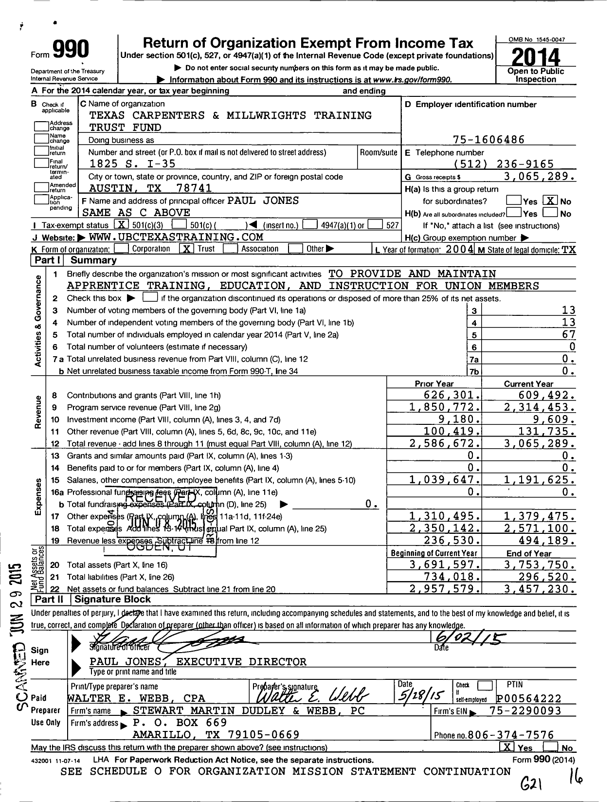 Image of first page of 2014 Form 990 for Central South Carpenters and Millwrights Training Trust Fund (TCMTTF)