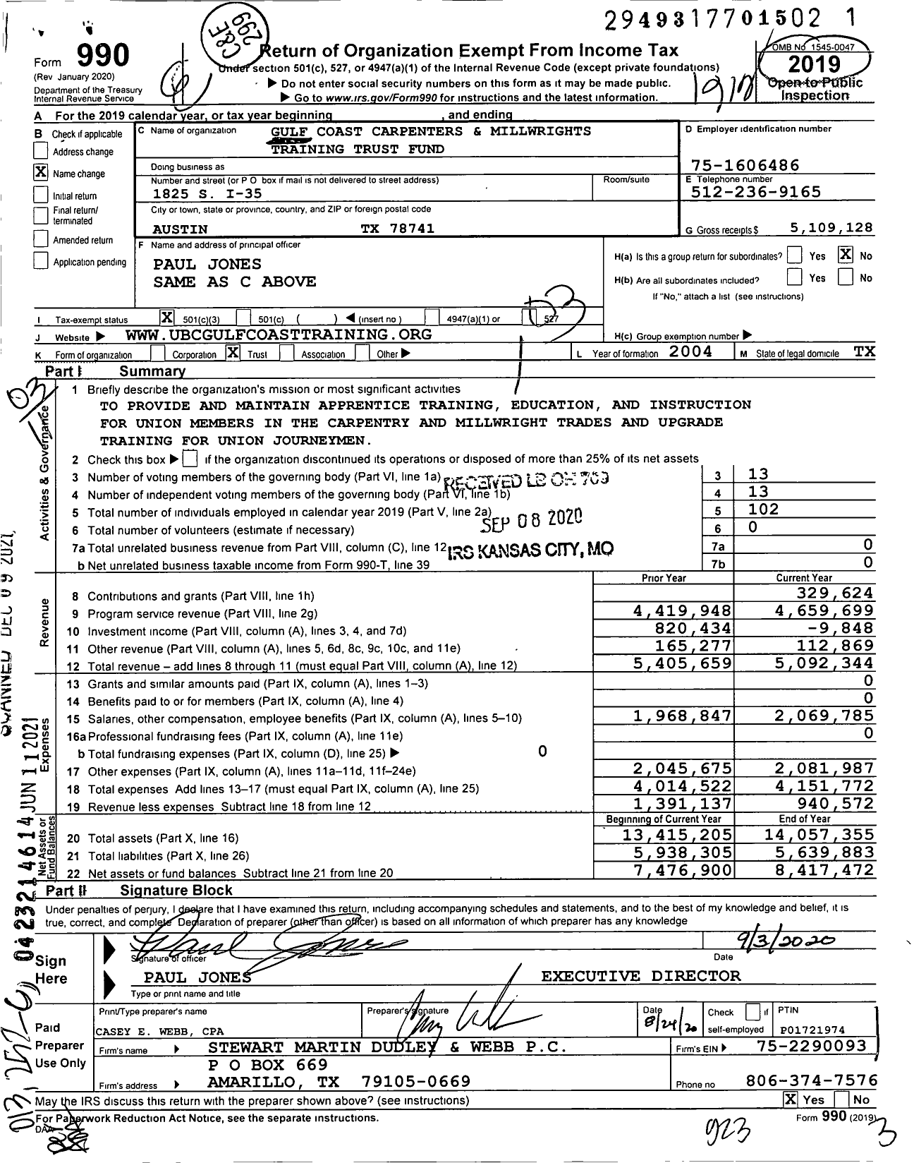 Image of first page of 2019 Form 990 for Central South Carpenters and Millwrights Training Trust Fund (TCMTTF)