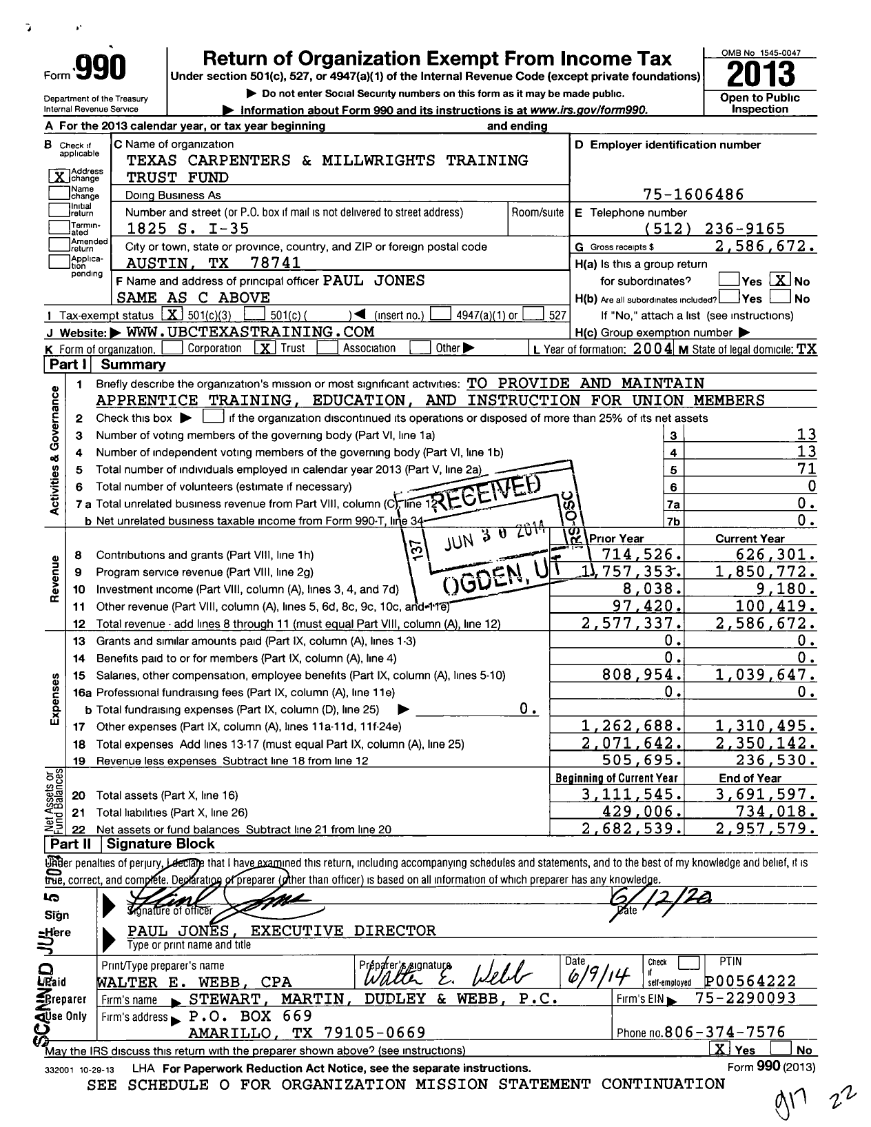 Image of first page of 2013 Form 990 for Central South Carpenters and Millwrights Training Trust Fund (TCMTTF)