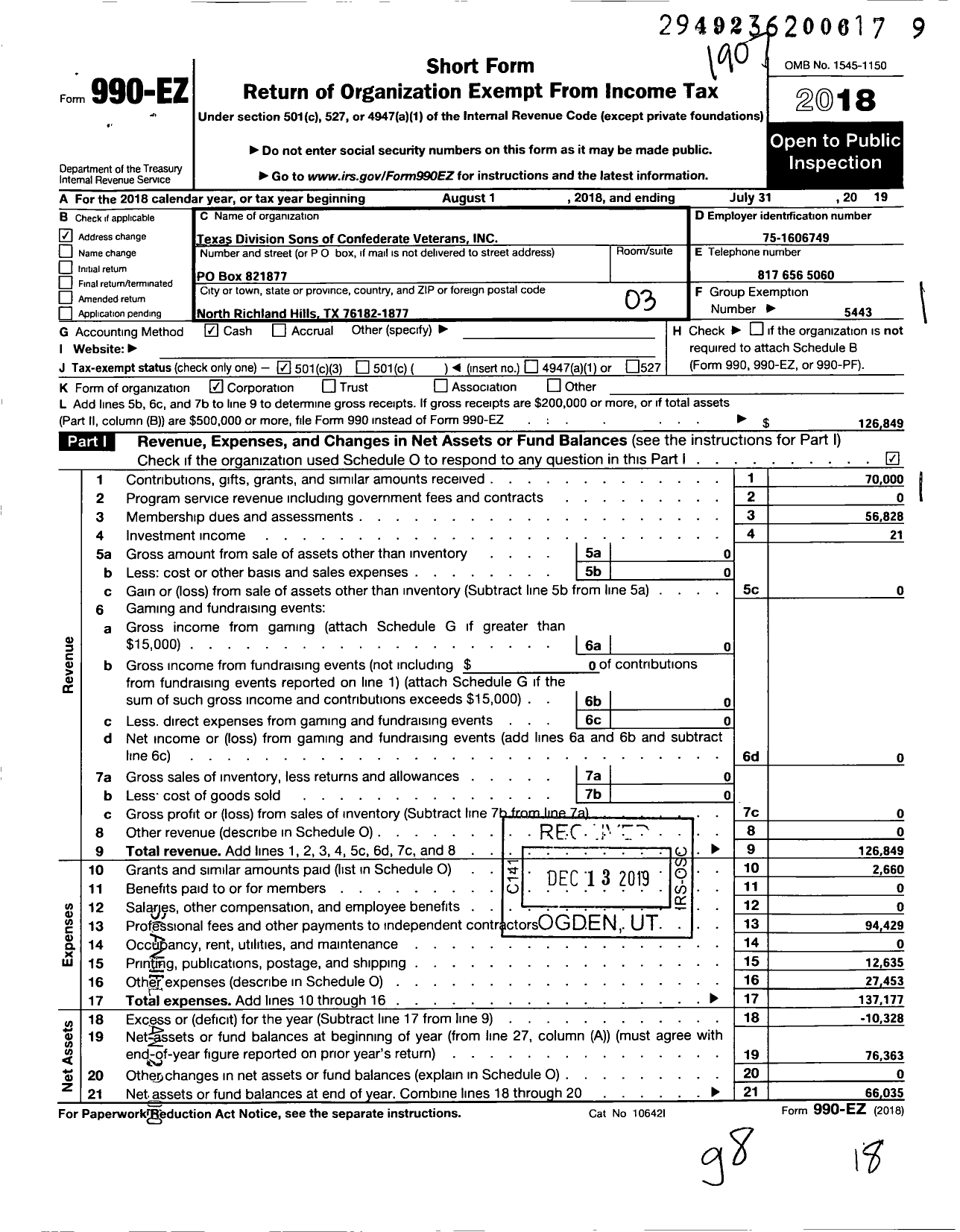 Image of first page of 2018 Form 990EZ for Sons of Confederate Veterans - Texas Division