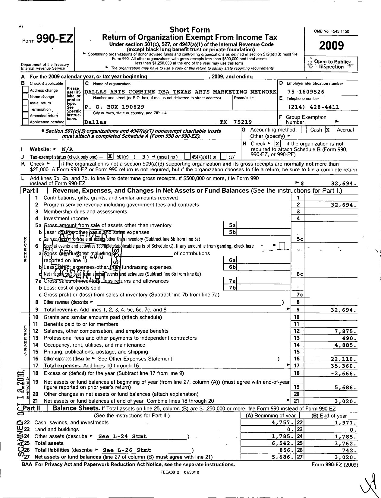 Image of first page of 2009 Form 990EZ for Dallas Arts Combine