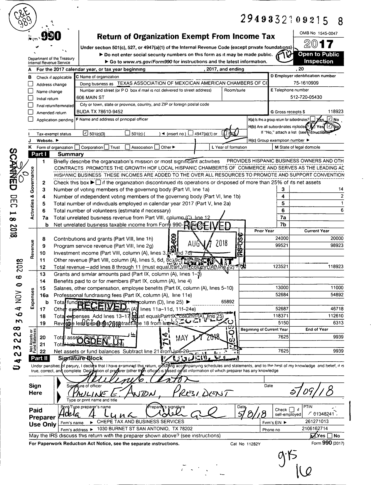 Image of first page of 2017 Form 990O for TX Association of Mexican American Chambers of Commerce