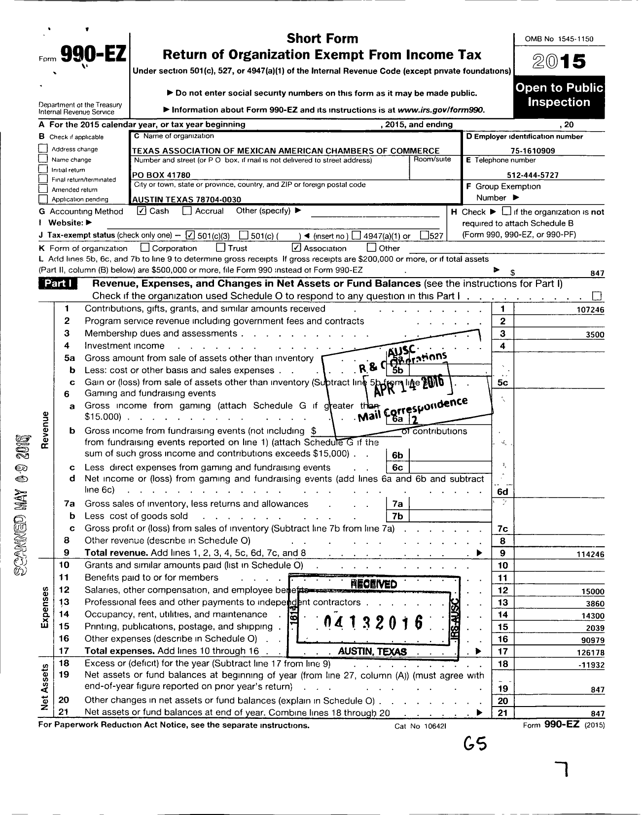 Image of first page of 2015 Form 990EZ for TX Association of Mexican American Chambers of Commerce