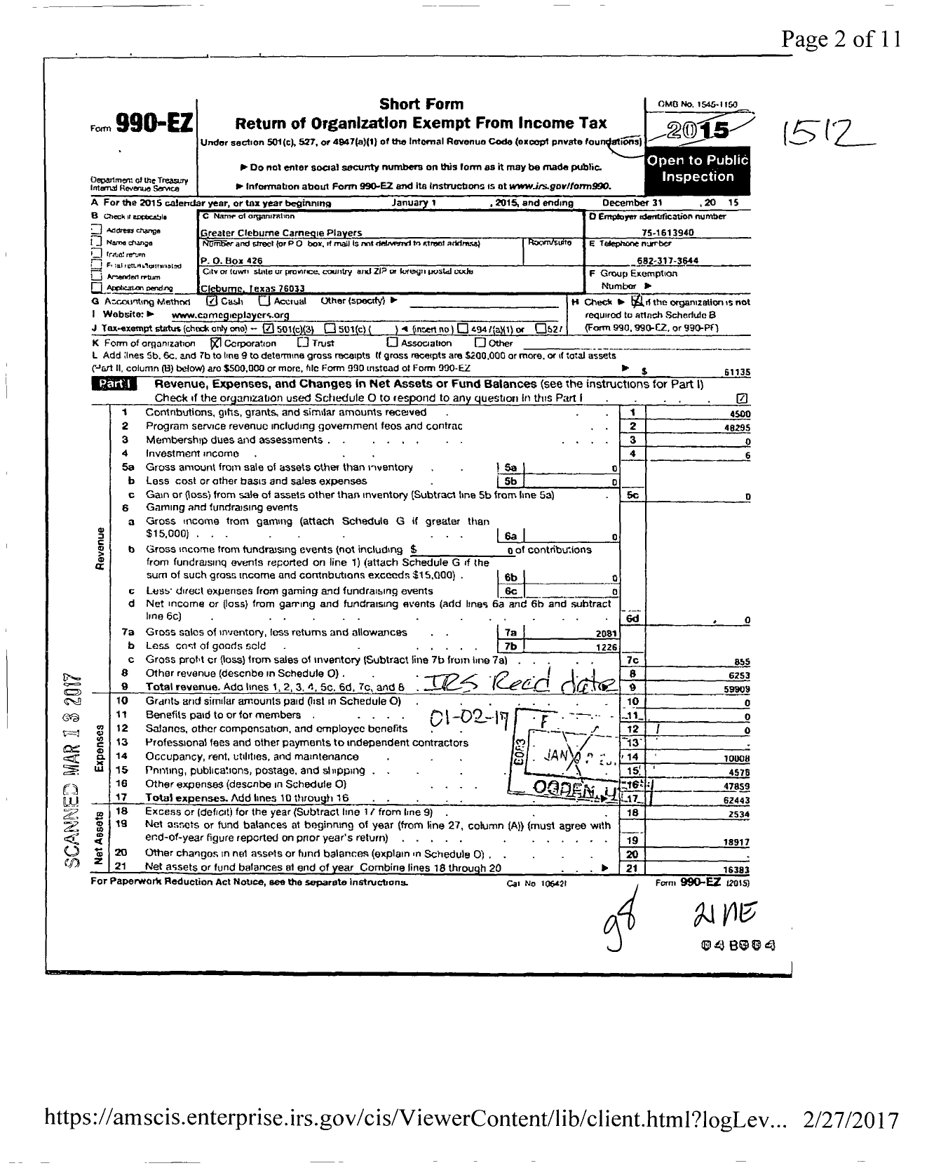 Image of first page of 2015 Form 990EZ for Greater Cleburne Carnegie Players I