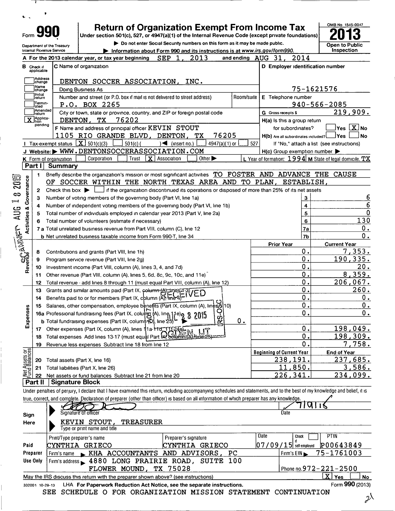 Image of first page of 2013 Form 990 for Denton Soccer Association