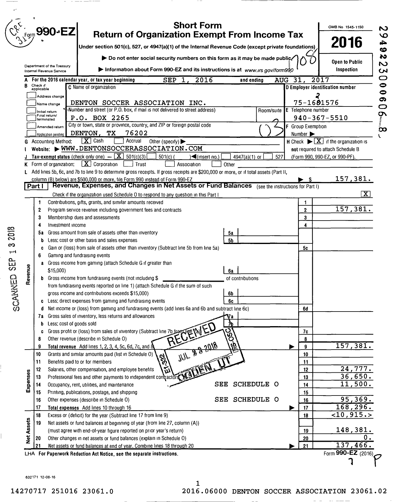 Image of first page of 2016 Form 990EZ for Denton Soccer Association