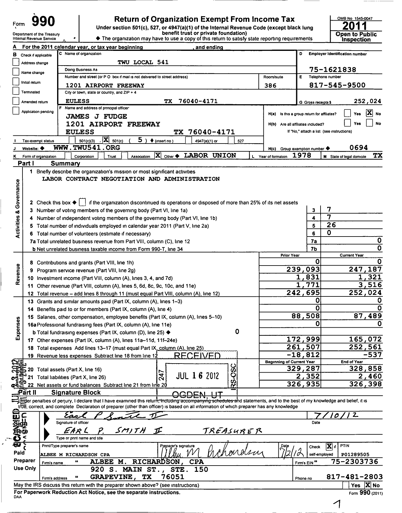 Image of first page of 2011 Form 990O for Transport Workers Union - 541 Twu