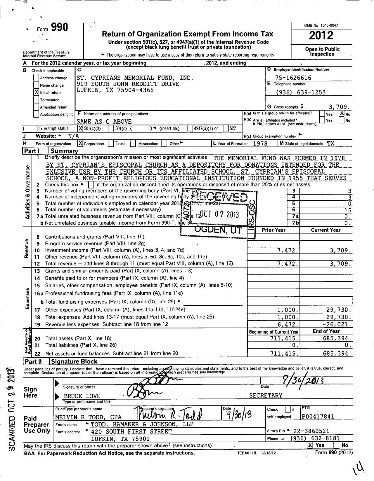 Image of first page of 2012 Form 990 for St Cyprians Memorial Fund