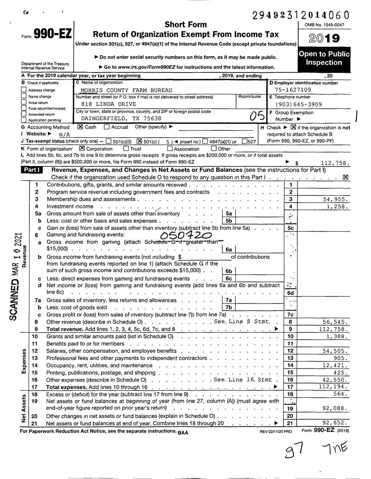 Image of first page of 2019 Form 990EO for Morris County Farm Bureau