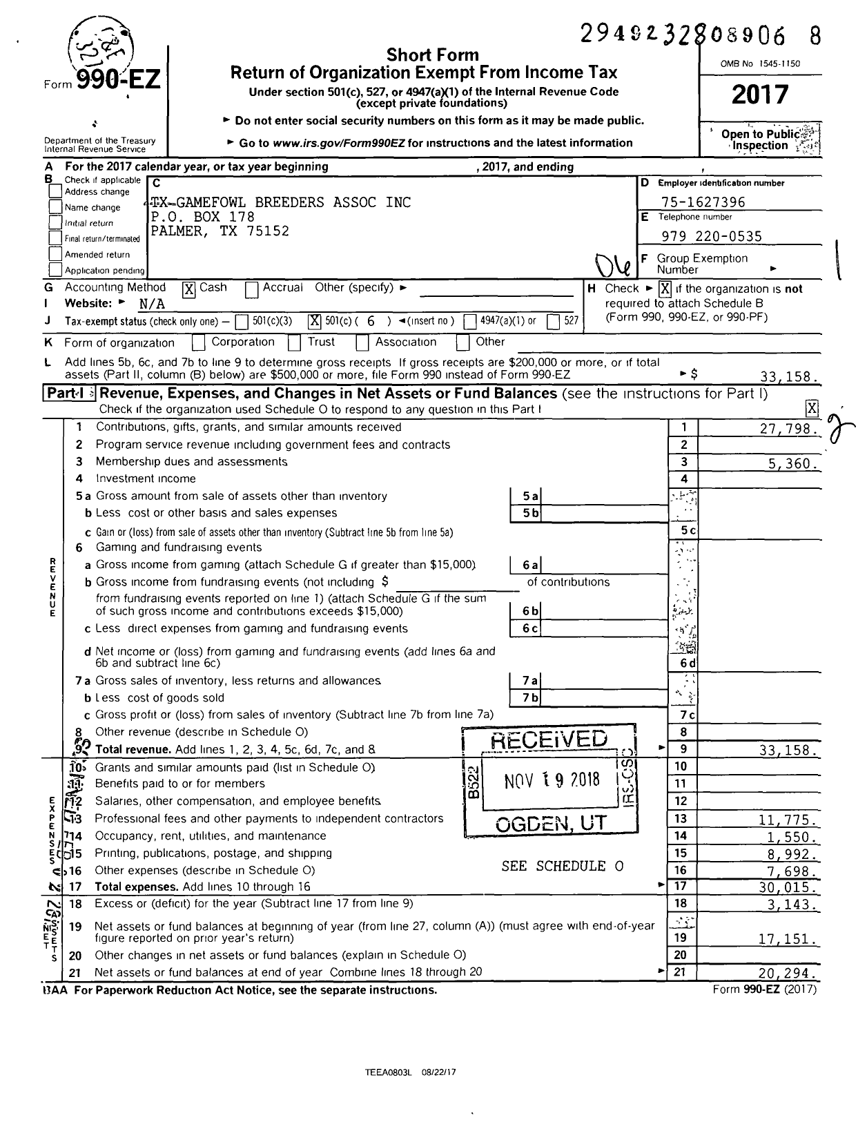 Image of first page of 2017 Form 990EO for Texas Gamefowl Breeders Association