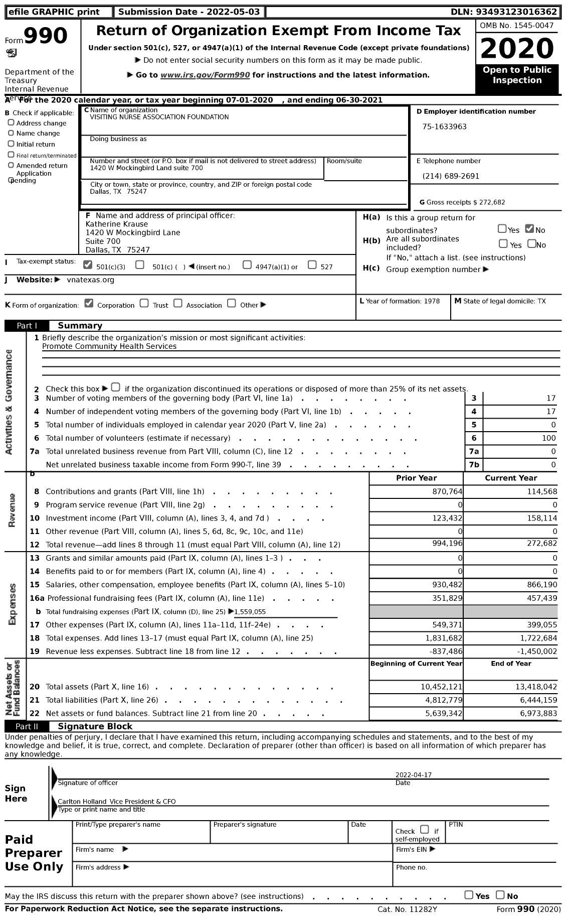 Image of first page of 2020 Form 990 for Visiting Nurse Association Foundation