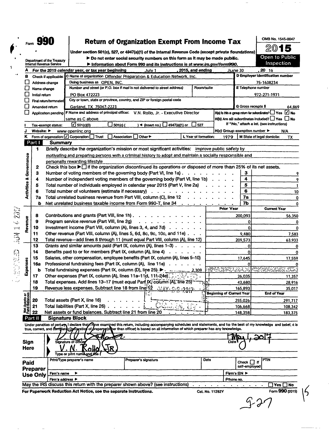 Image of first page of 2015 Form 990 for Offender Preparation and Education Network (OPEN)