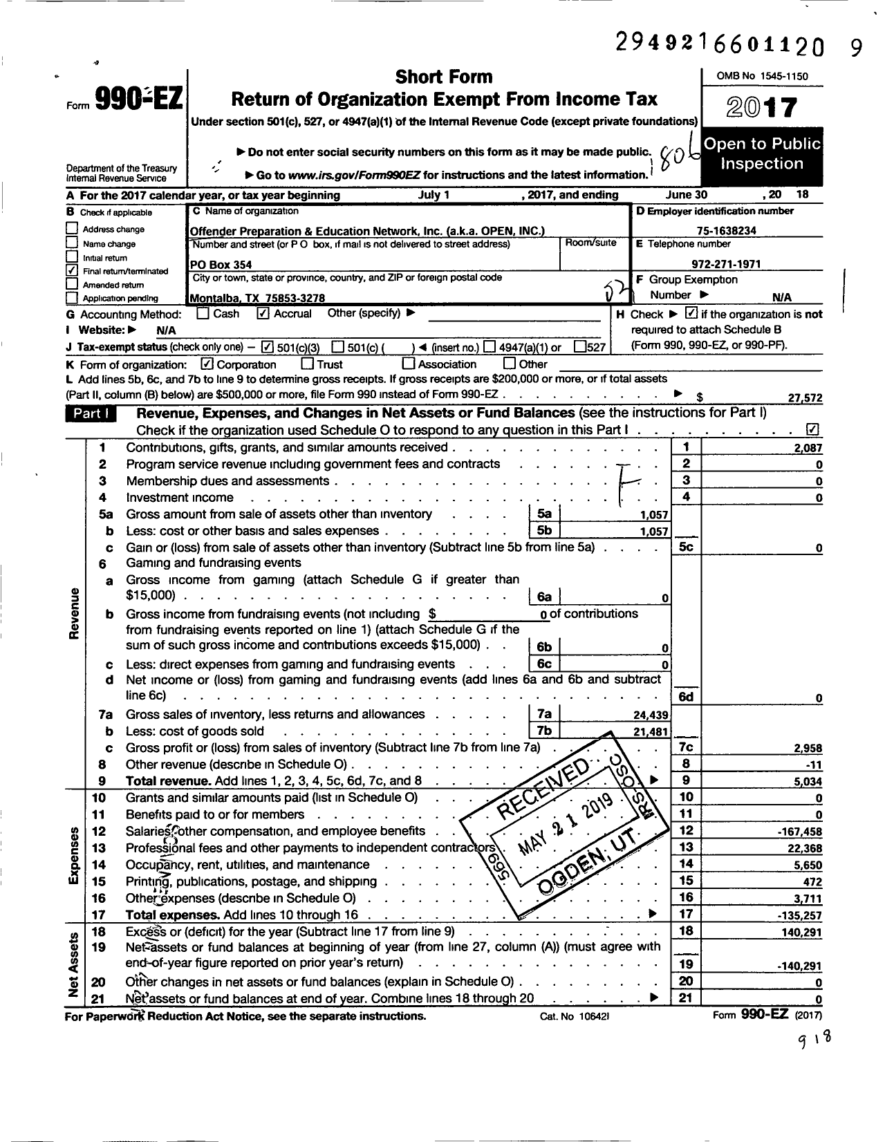 Image of first page of 2017 Form 990EZ for Offender Preparation and Education Network (OPEN)