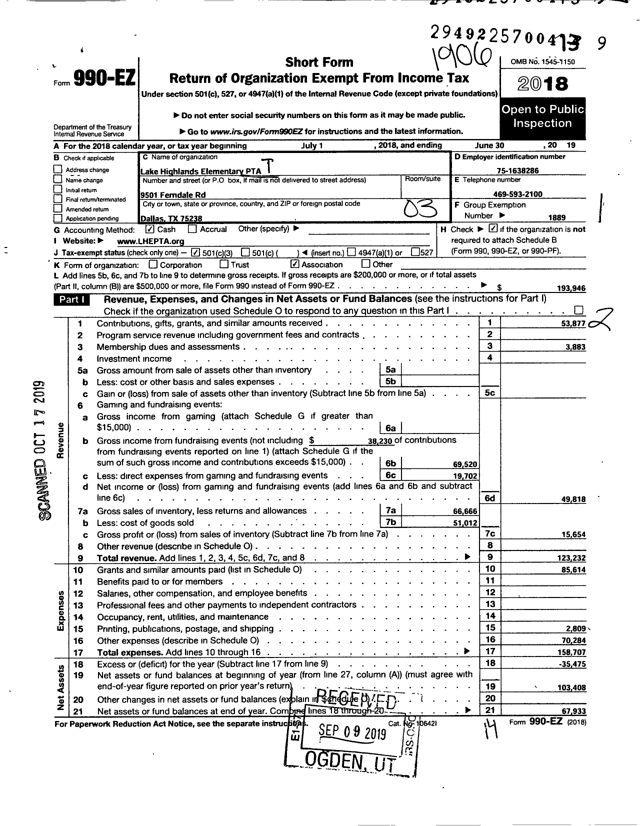 Image of first page of 2018 Form 990EZ for Texas PTA - Lake Highlands Elementary PTA