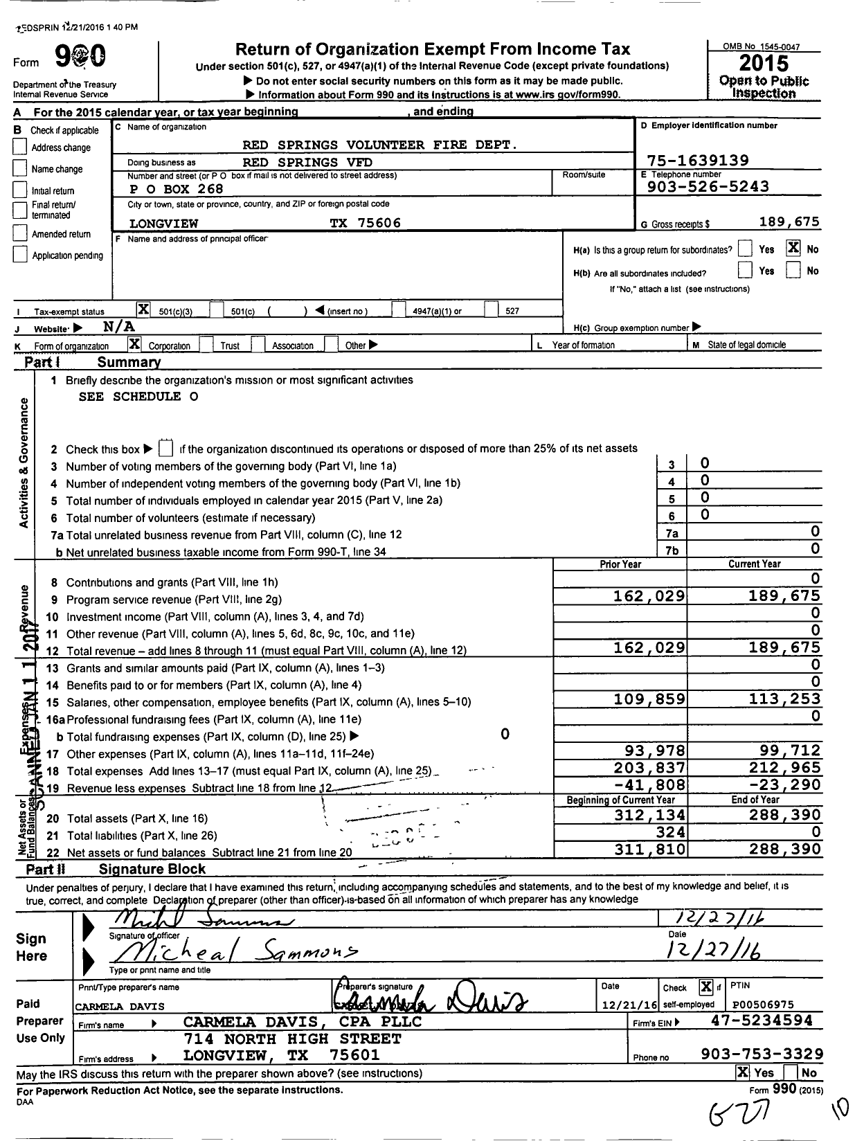 Image of first page of 2015 Form 990 for Red Springs Volunteer Fire Dept