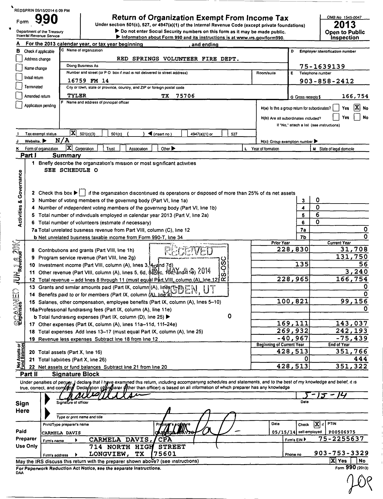 Image of first page of 2013 Form 990 for Red Springs Volunteer Fire Dept