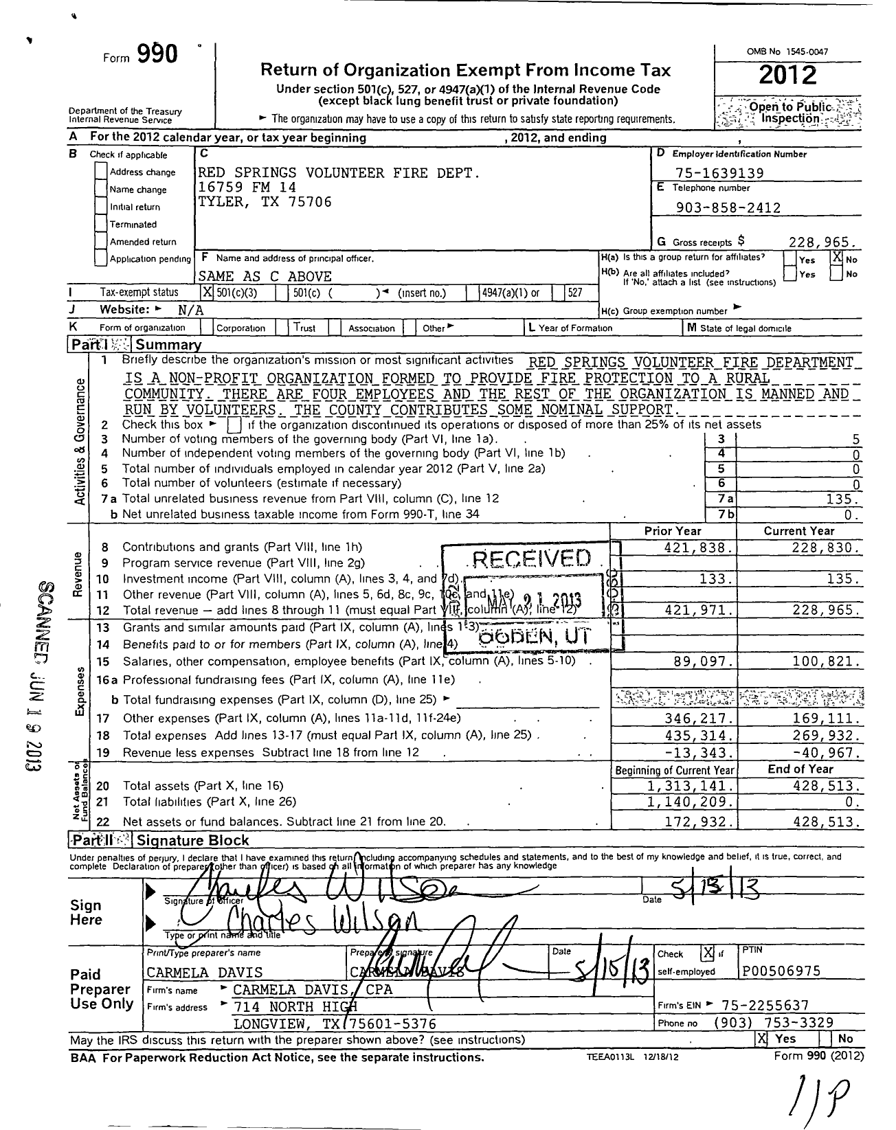 Image of first page of 2012 Form 990 for Red Springs Volunteer Fire Dept