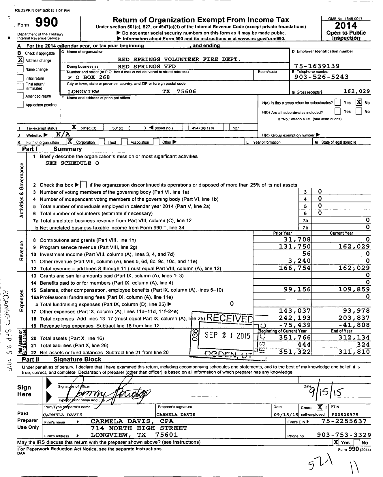 Image of first page of 2014 Form 990 for Red Springs Volunteer Fire Dept