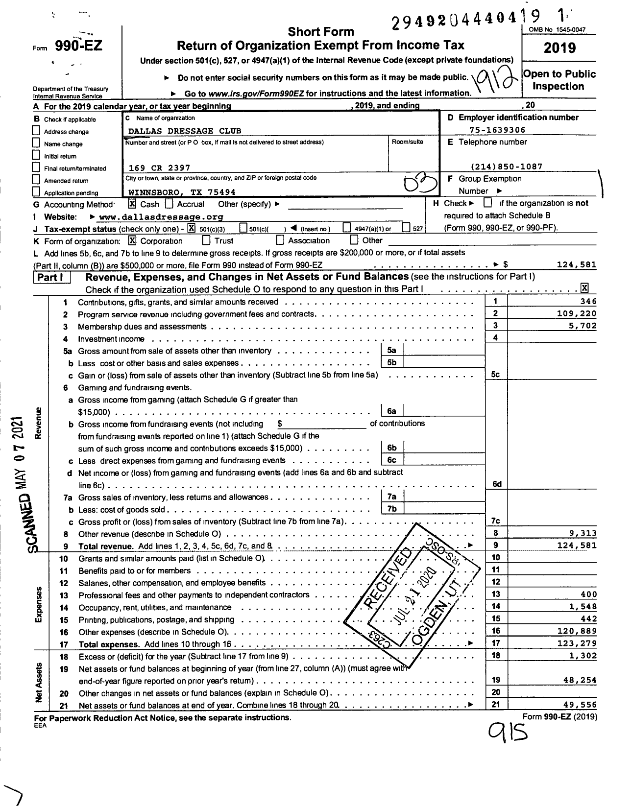 Image of first page of 2019 Form 990EZ for Dallas Dressage Club